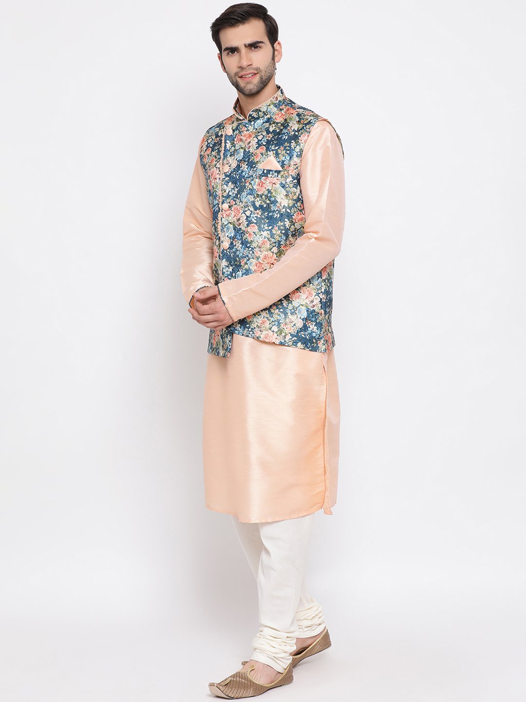 Men's Peach Floral Jacquard Jacket With Silk Kurta and Pyjama Set