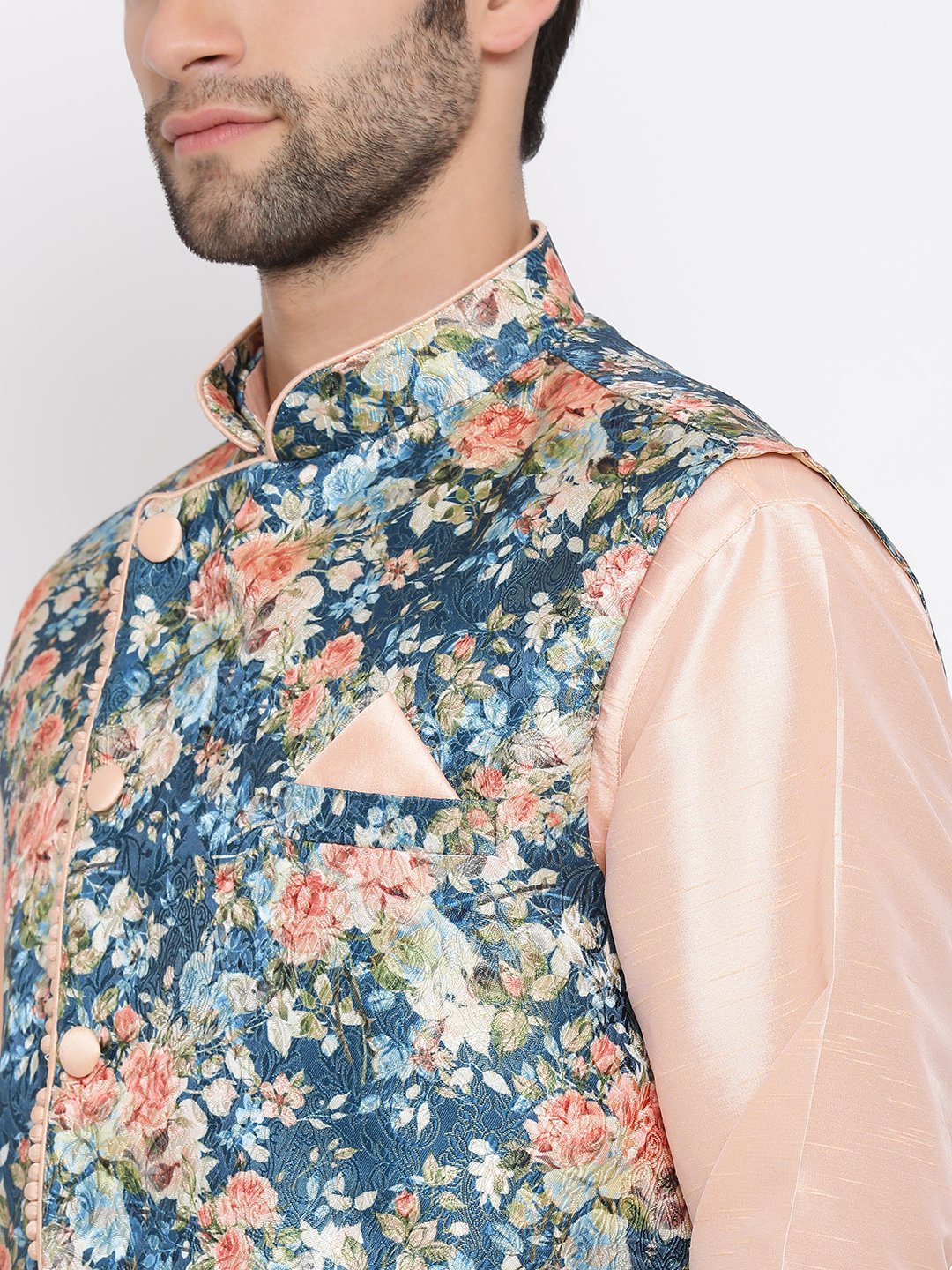 Men's Peach Floral Jacquard Jacket With Silk Kurta and Pyjama Set