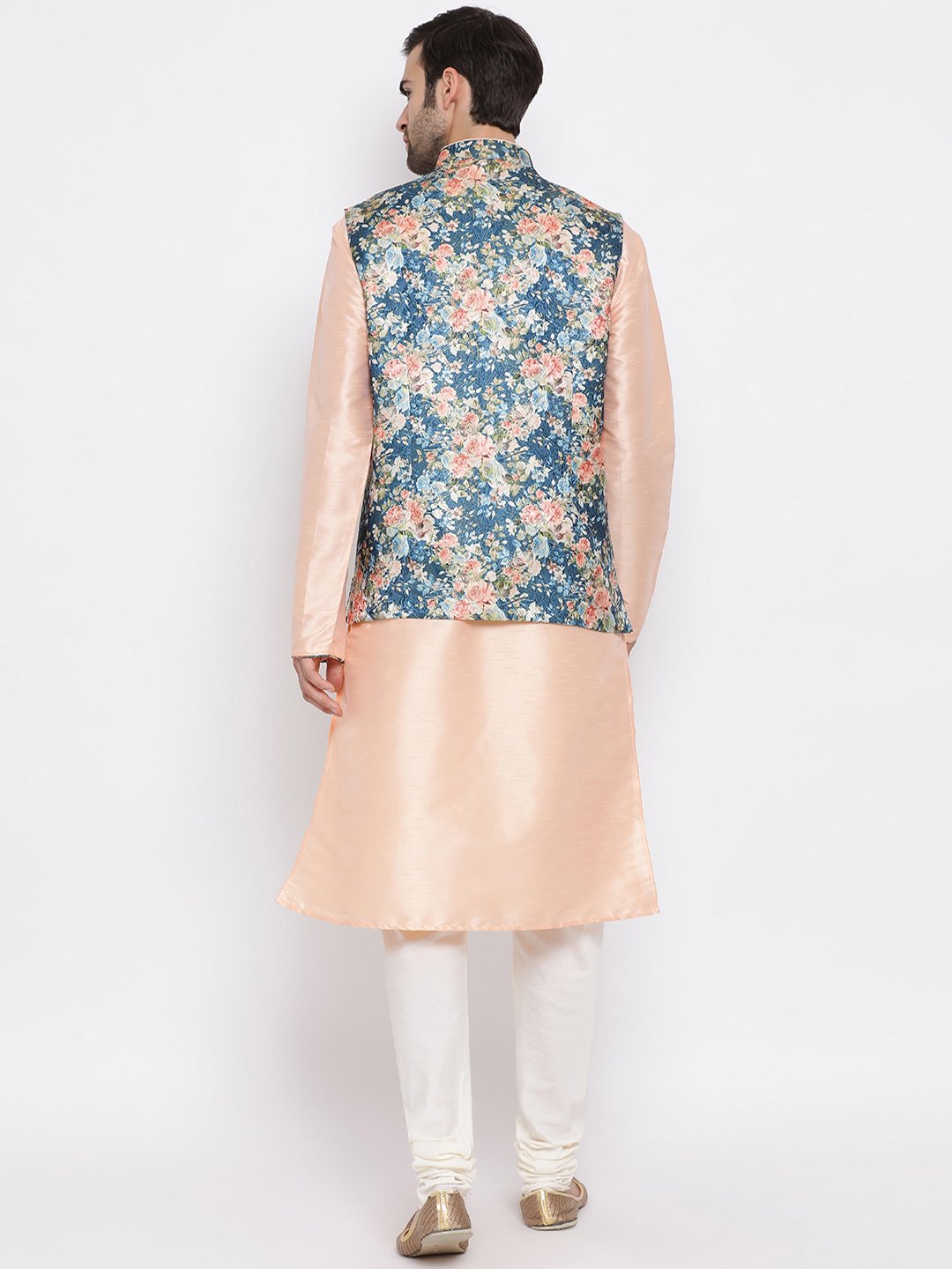 Men's Peach Floral Jacquard Jacket With Silk Kurta and Pyjama Set
