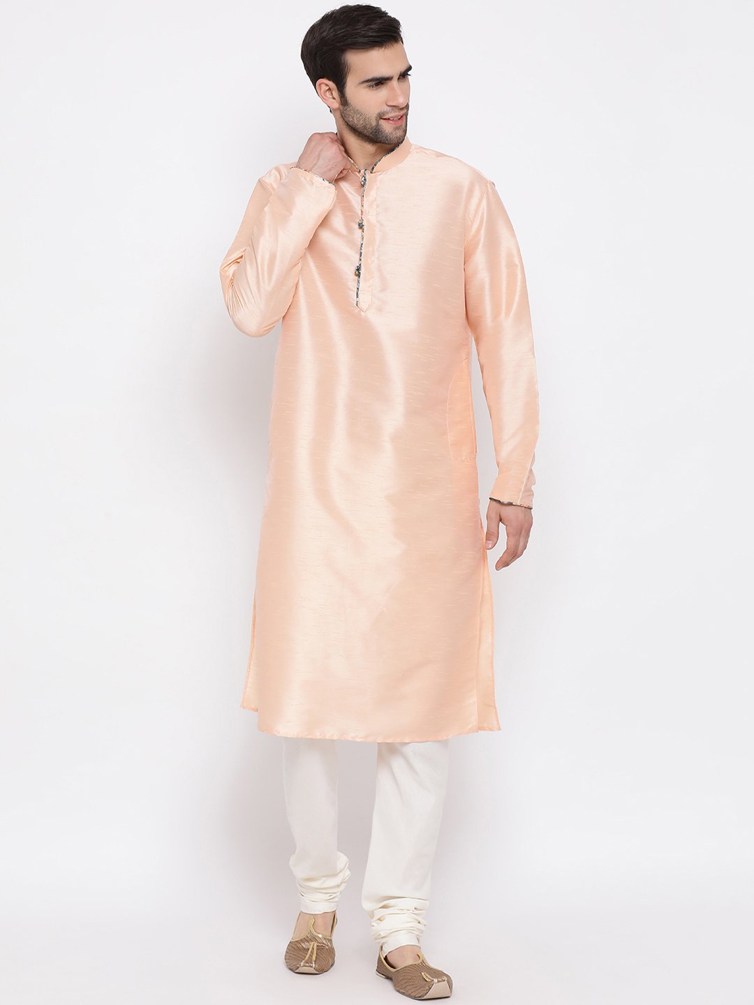 Men's Peach Floral Jacquard Jacket With Silk Kurta and Pyjama Set