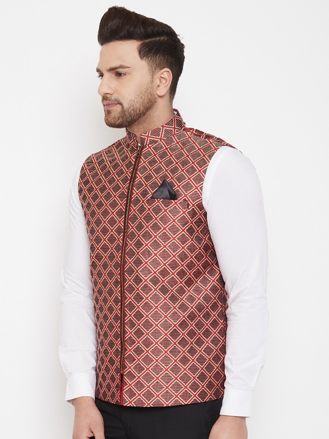 Men's Red Jute Cotton Zipper Nehru Jacket