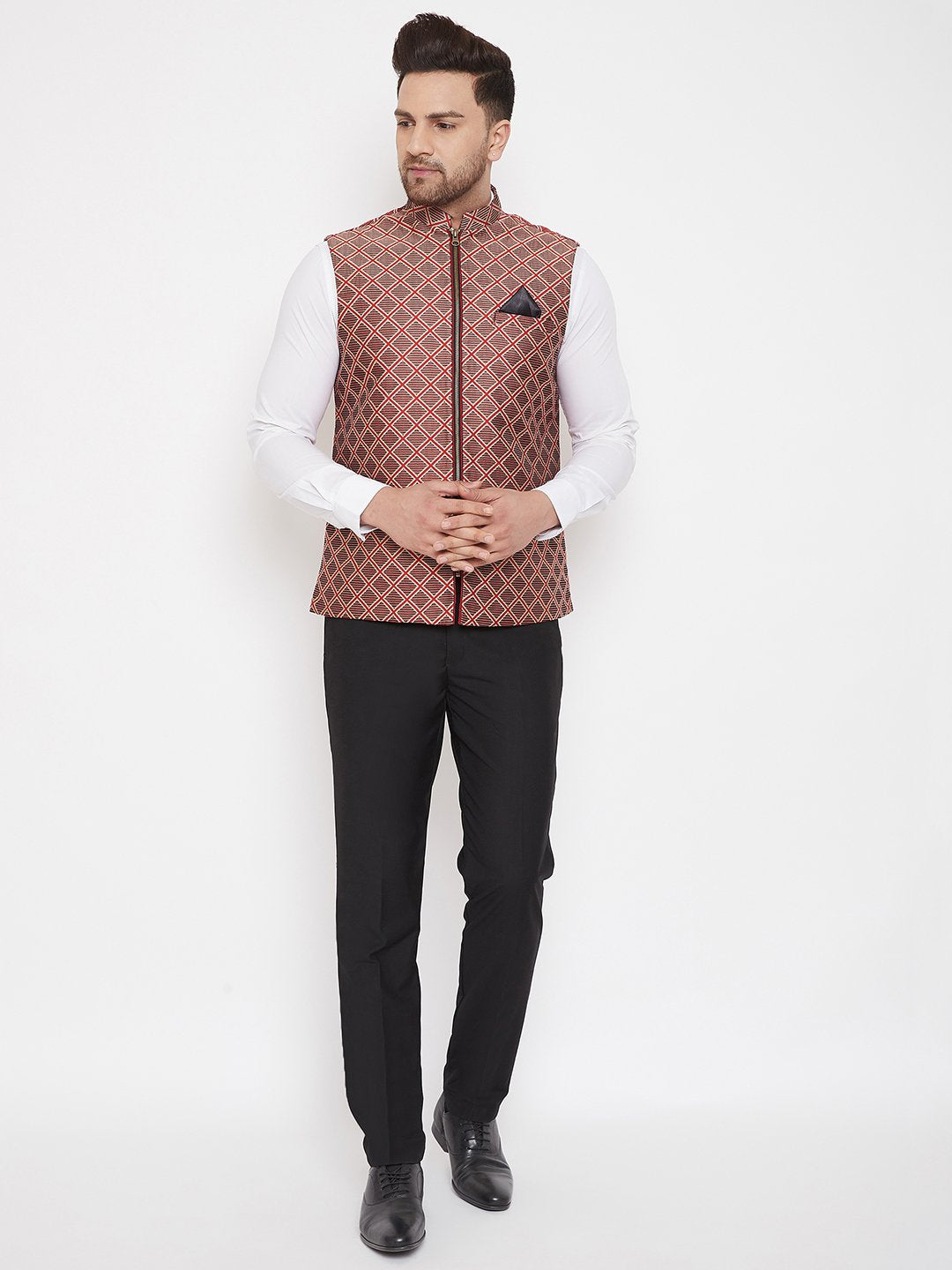 Men's Red Jute Cotton Zipper Nehru Jacket