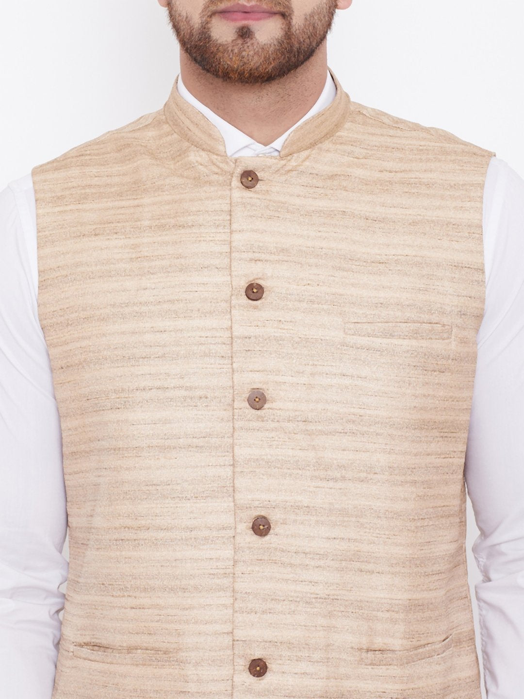 Men's Beige Silk Blend Nehru Jacket - Vastramay