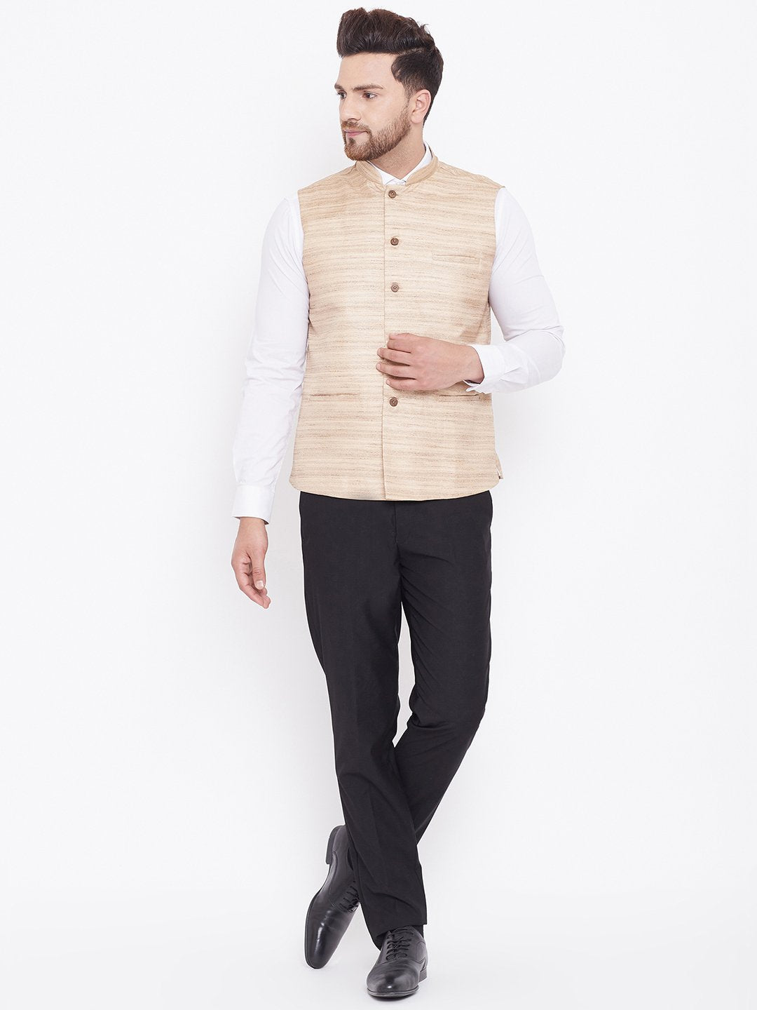 Men's Beige Silk Blend Nehru Jacket - Vastramay