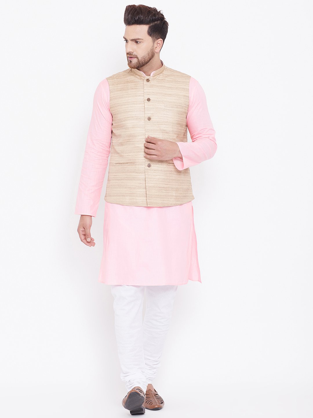 Men's Beige, Pink And White Cotton Blend Jacket, Kurta and Pyjama Set - Vastramay