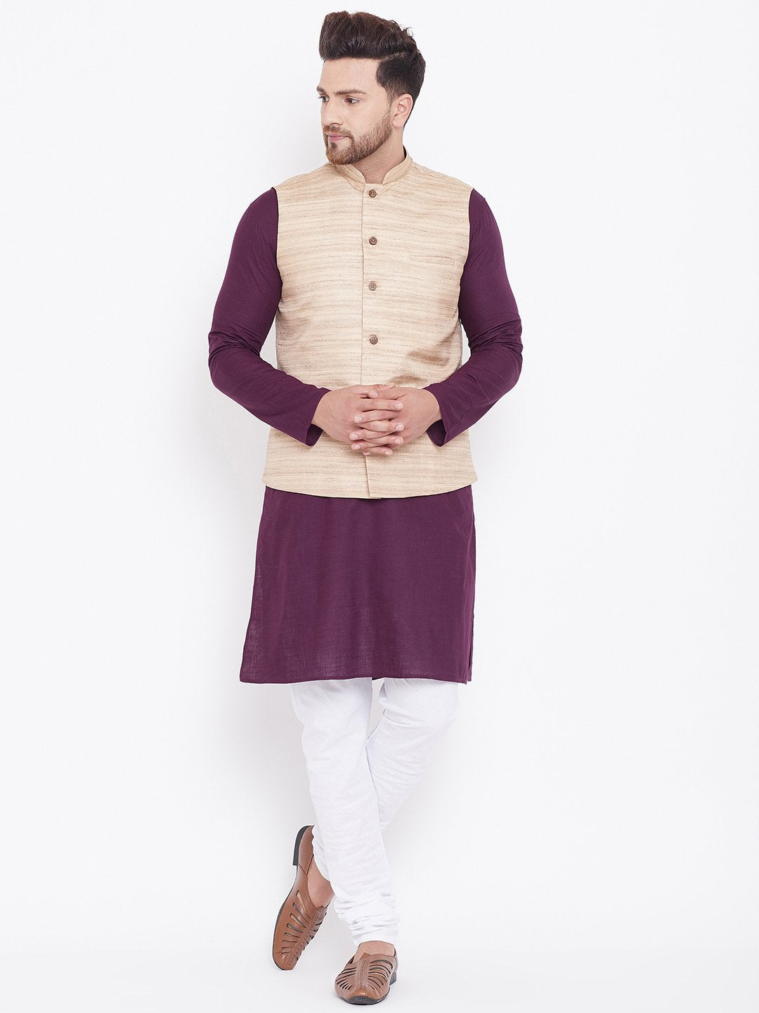 Men's Beige, Purple And White Cotton Blend Jacket, Kurta and Pyjama Set - Vastramay