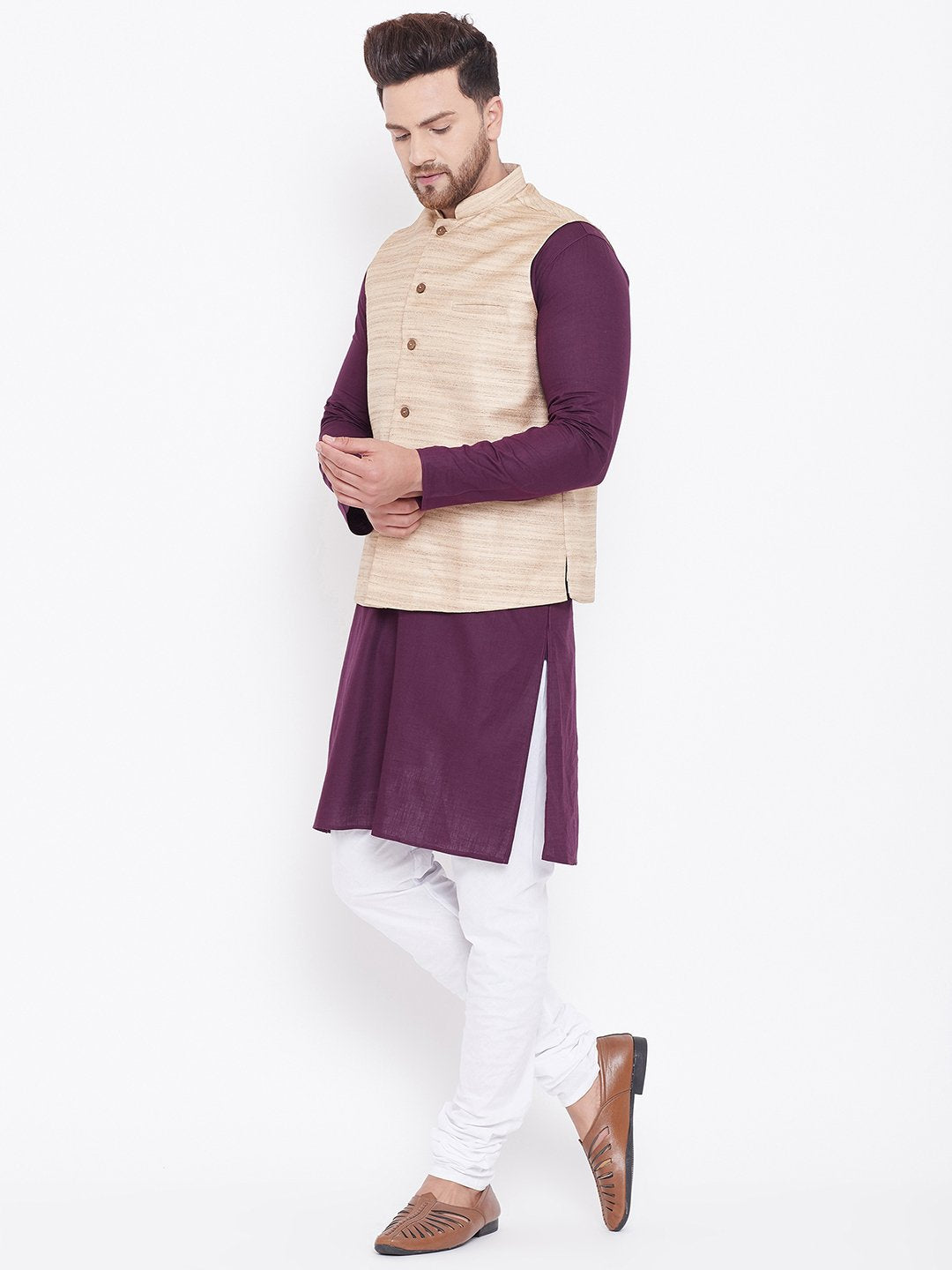 Men's Beige, Purple And White Cotton Blend Jacket, Kurta and Pyjama Set - Vastramay