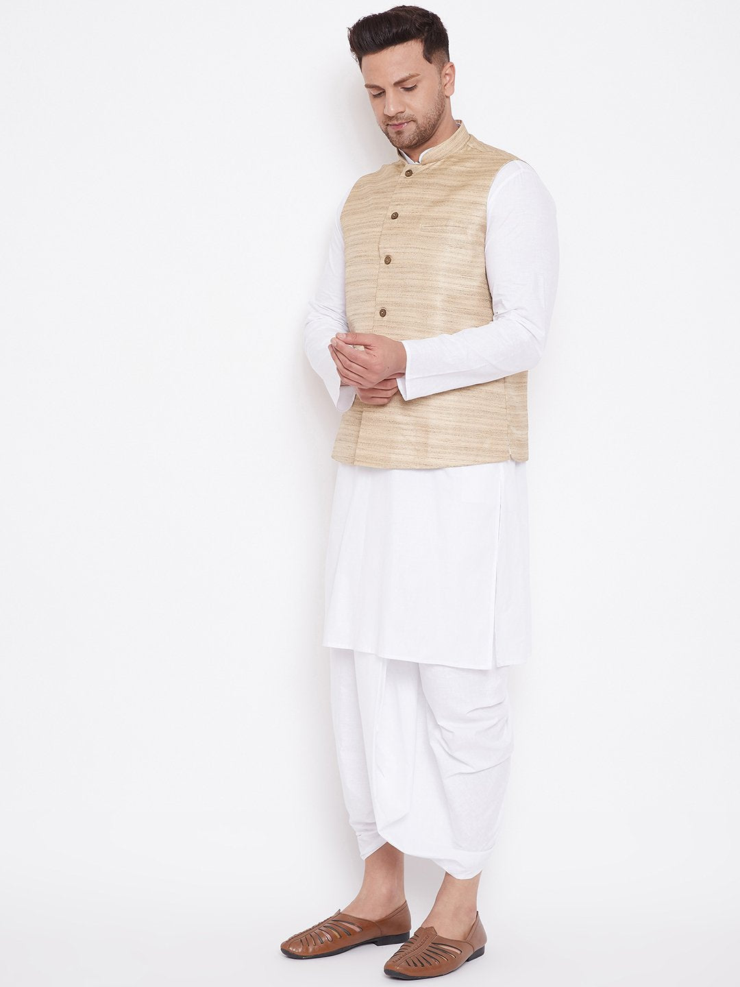 Men's Beige And White Cotton Blend Jacket, Kurta and Dhoti Set - Vastramay
