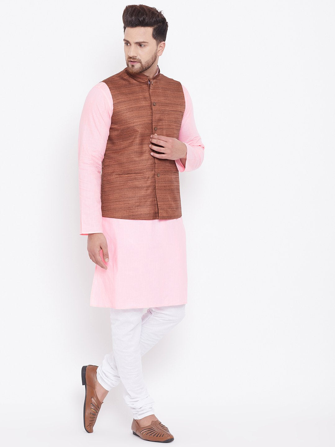 Men's Coffee Brown, Pink And White Cotton Blend Jacket, Kurta and Pyjama Set