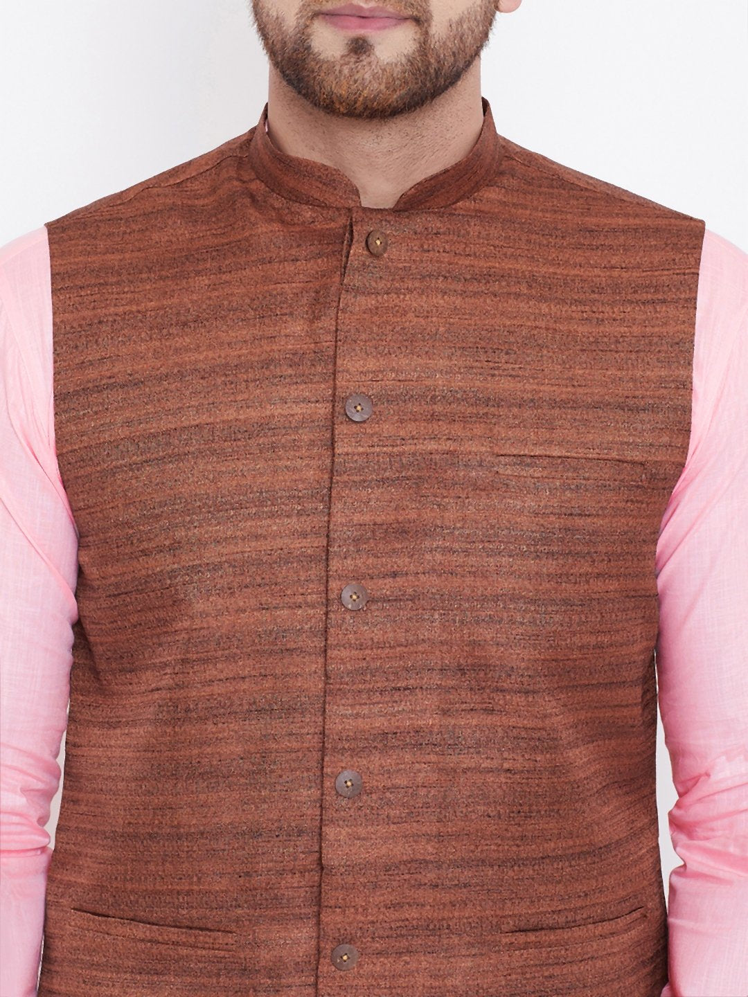 Men's Coffee Brown, Pink And White Cotton Blend Jacket, Kurta and Pyjama Set