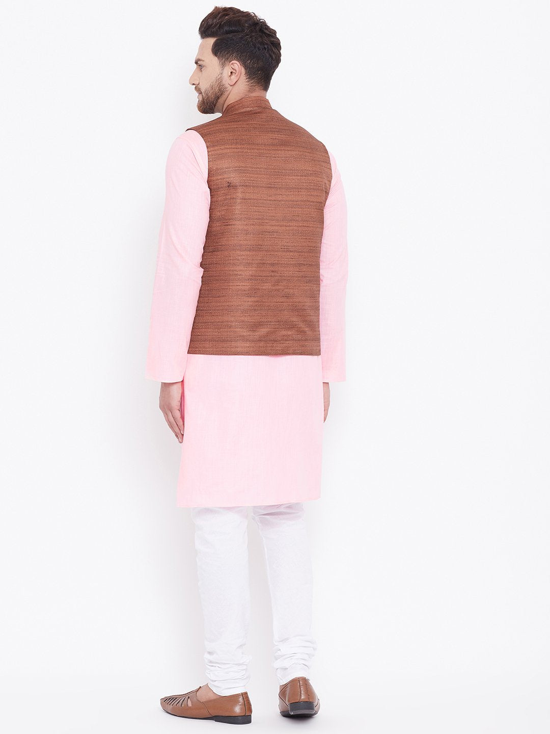 Men's Coffee Brown, Pink And White Cotton Blend Jacket, Kurta and Pyjama Set
