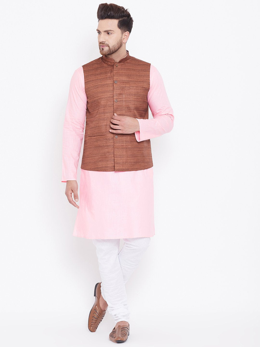 Men's Coffee Brown, Pink And White Cotton Blend Jacket, Kurta and Pyjama Set