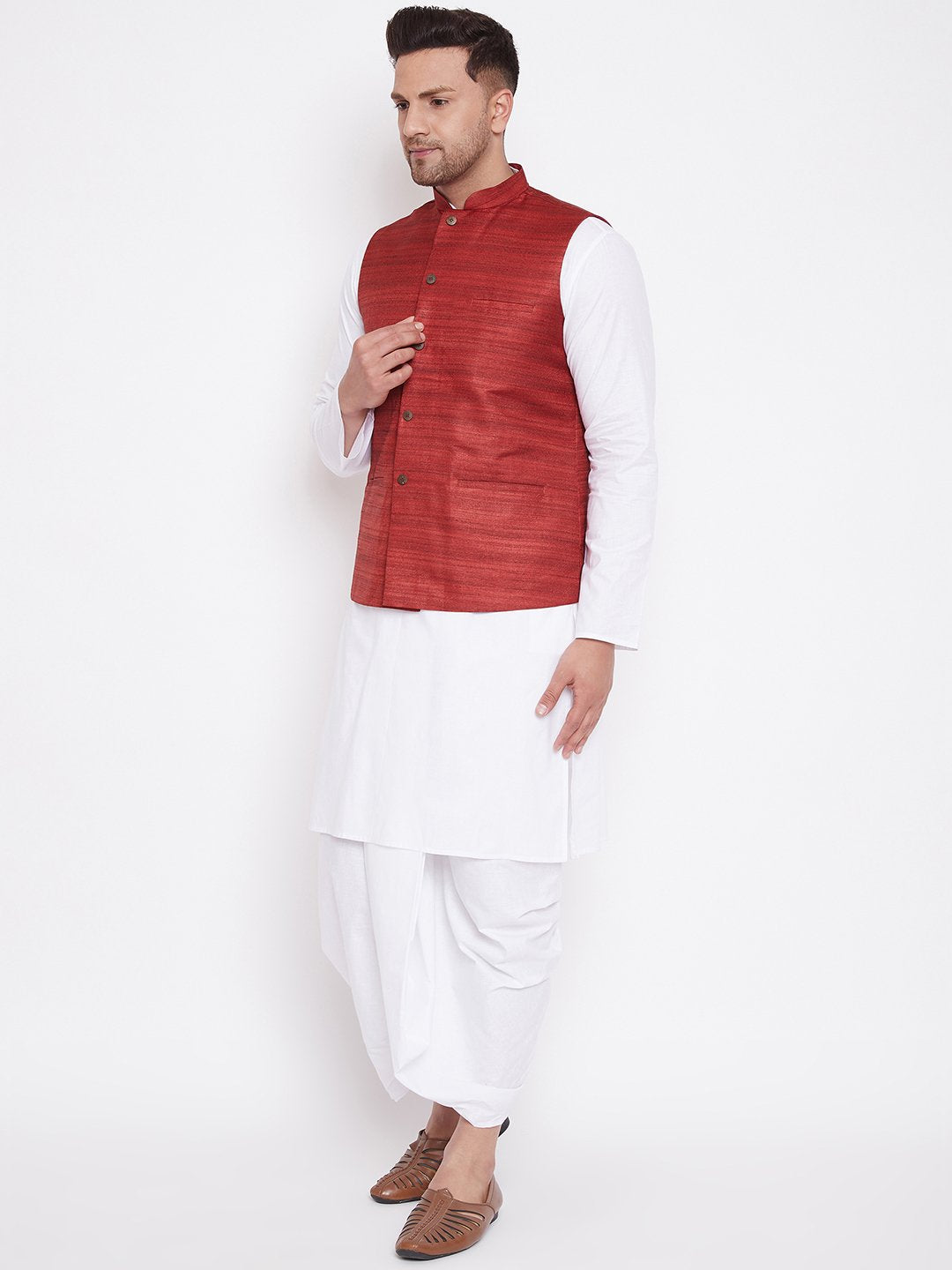 Men's Maroon And White Cotton Blend Jacket, Kurta and Dhoti Set - Vastramay