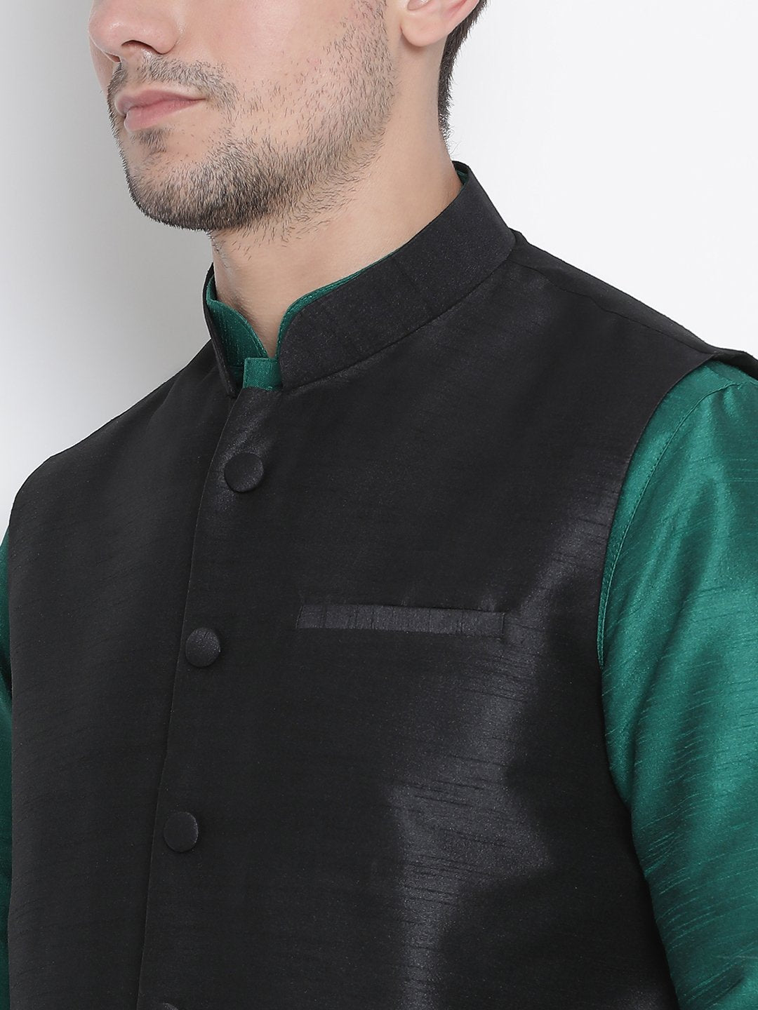 Men's Green Cotton Silk Blend Kurta, Ethnic Jacket and Pyjama Set