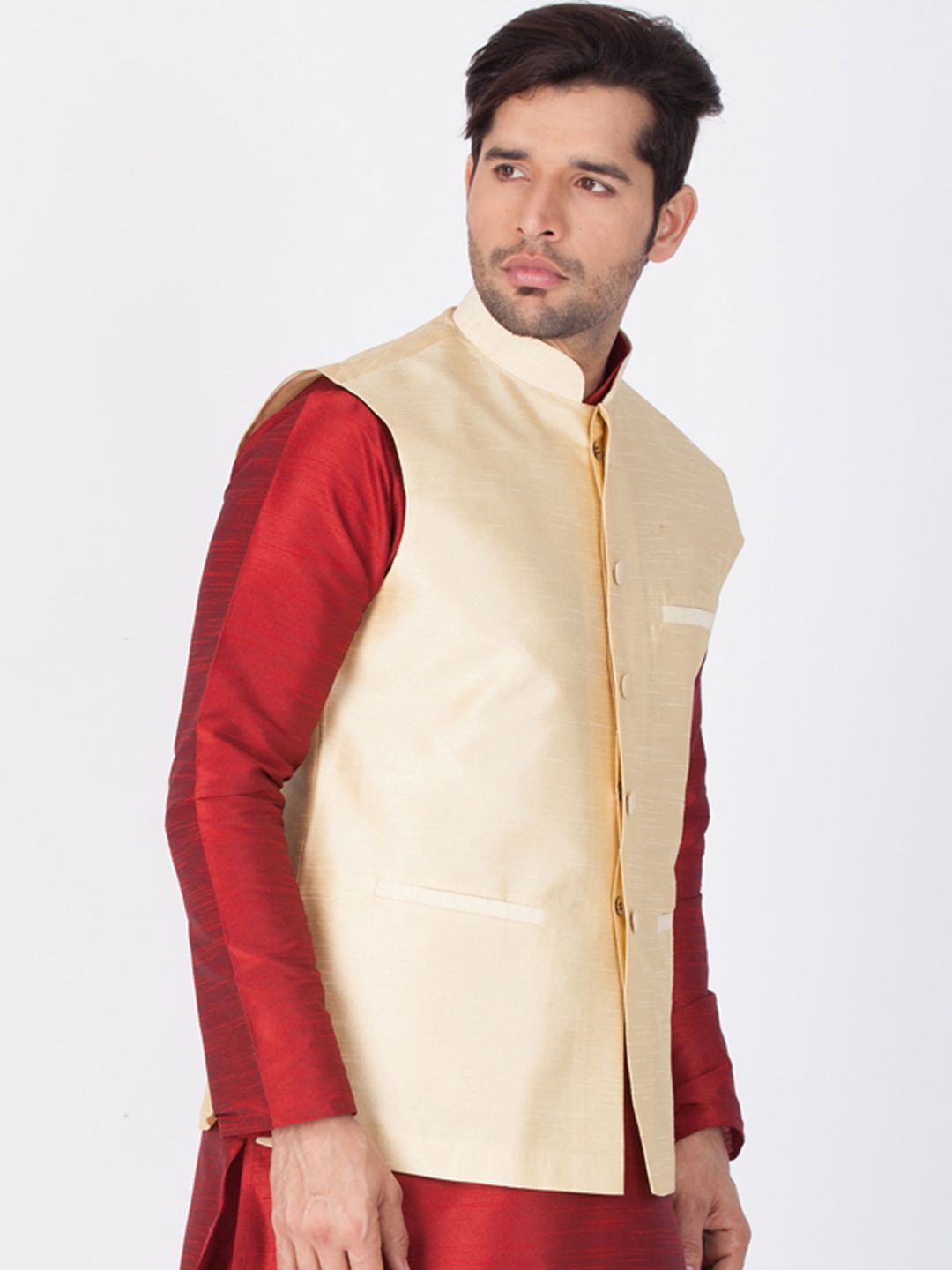 Men's Gold Cotton Silk Blend Ethnic Jacket - Vastramay