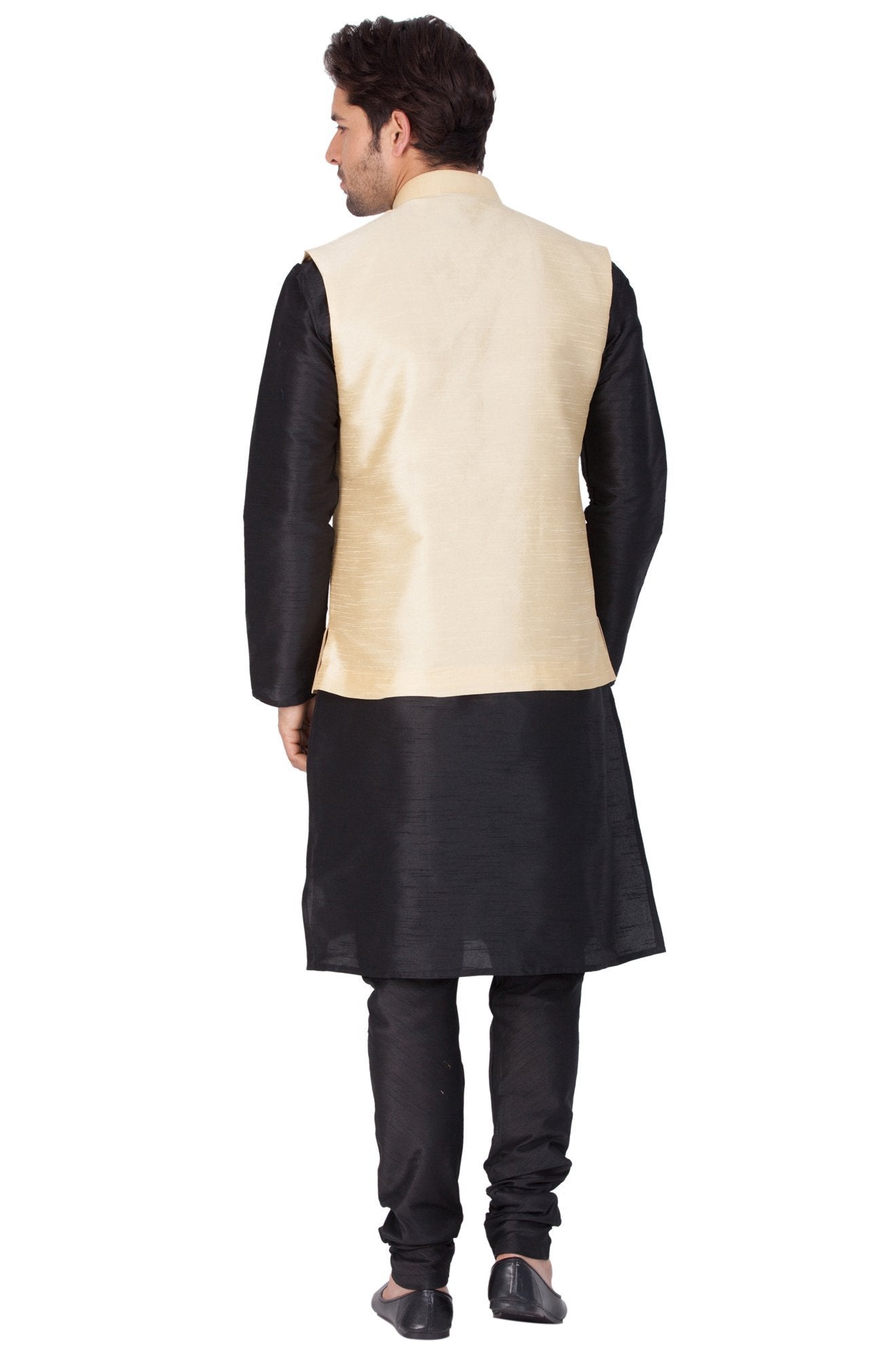 Men's Black Cotton Silk Blend Kurta, Ethnic Jacket and Pyjama Set