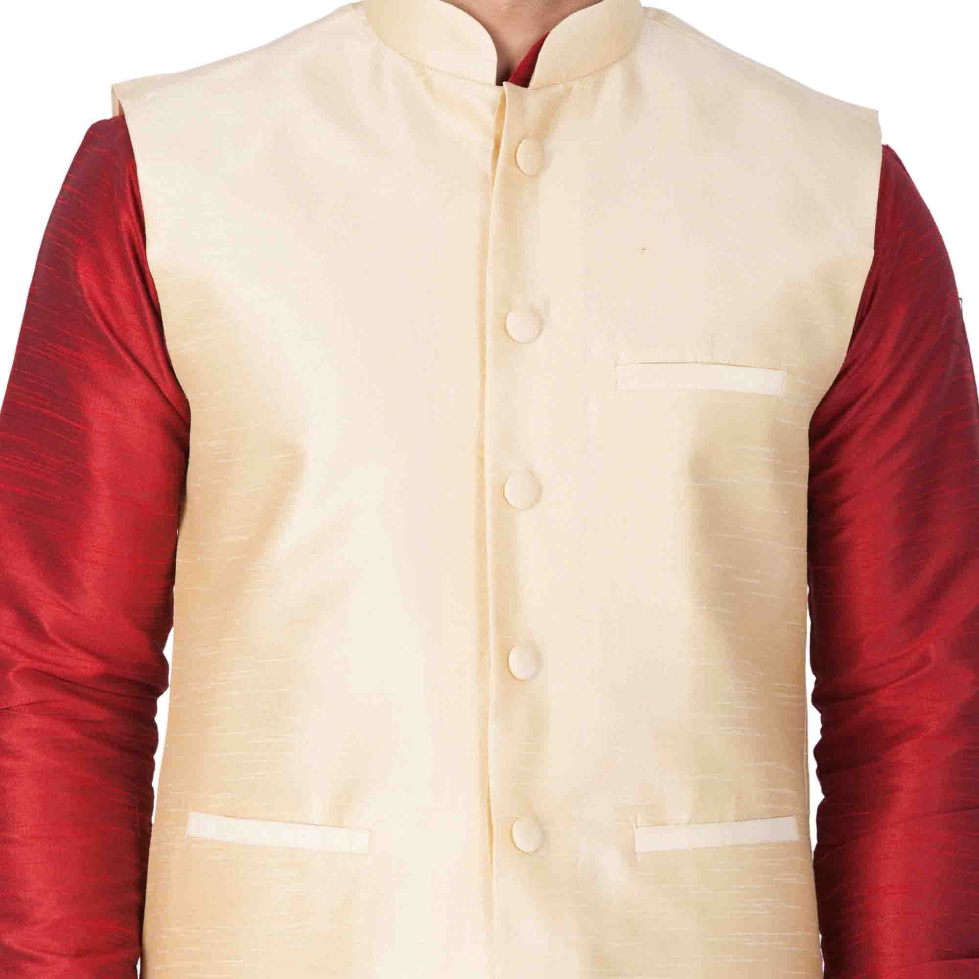 Men's Maroon Cotton Silk Blend Kurta, Ethnic Jacket and Pyjama Set