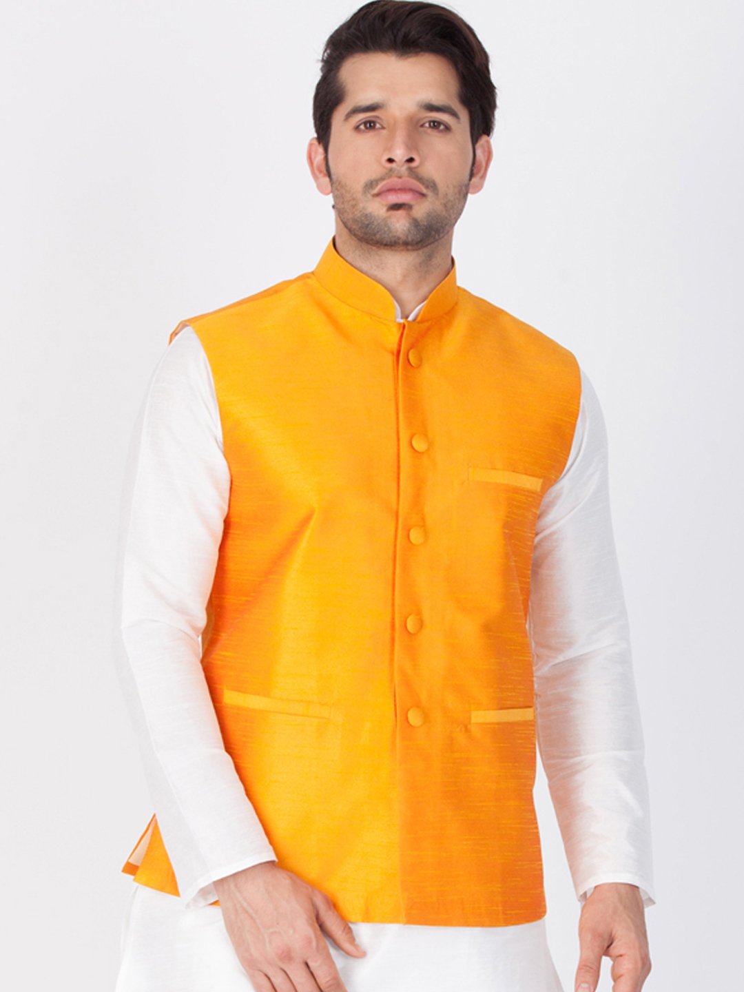 Men's Orange Cotton Silk Blend Ethnic Jacket - Vastramay