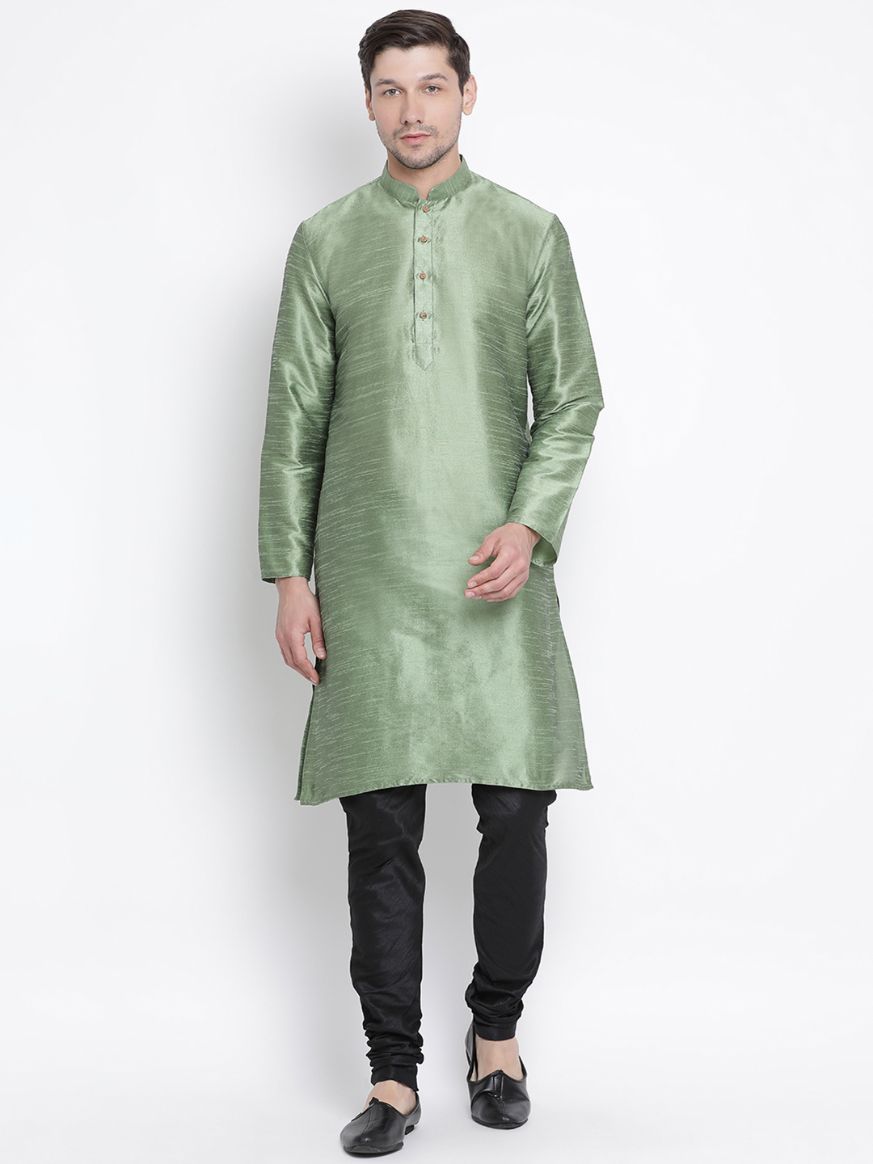 Men's Light Green Cotton Silk Blend Kurta and Pyjama Set