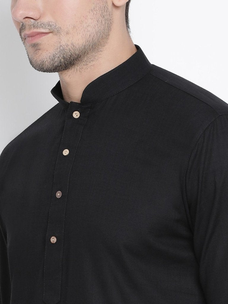 Men's Black Cotton Linen Blend Kurta and Pyjama Set - Vastramay