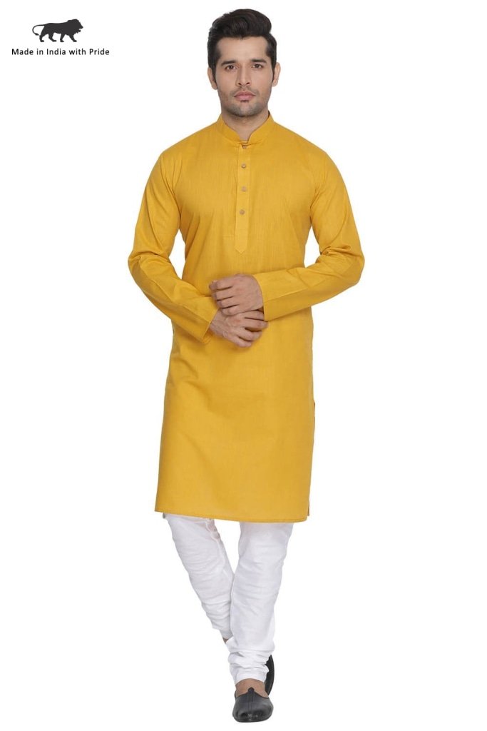 Men's Yellow Cotton Linen Blend Kurta and Pyjama Set - Vastramay