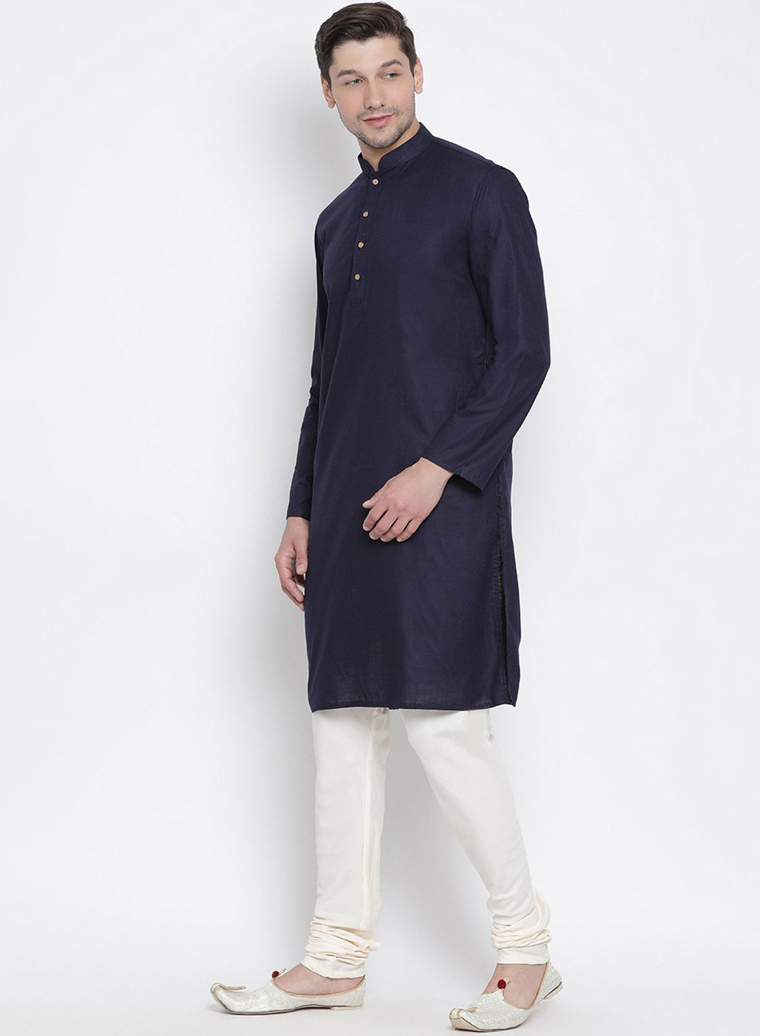 Men's Dark Blue Cotton Linen Blend Kurta and Pyjama Set - Vastramay
