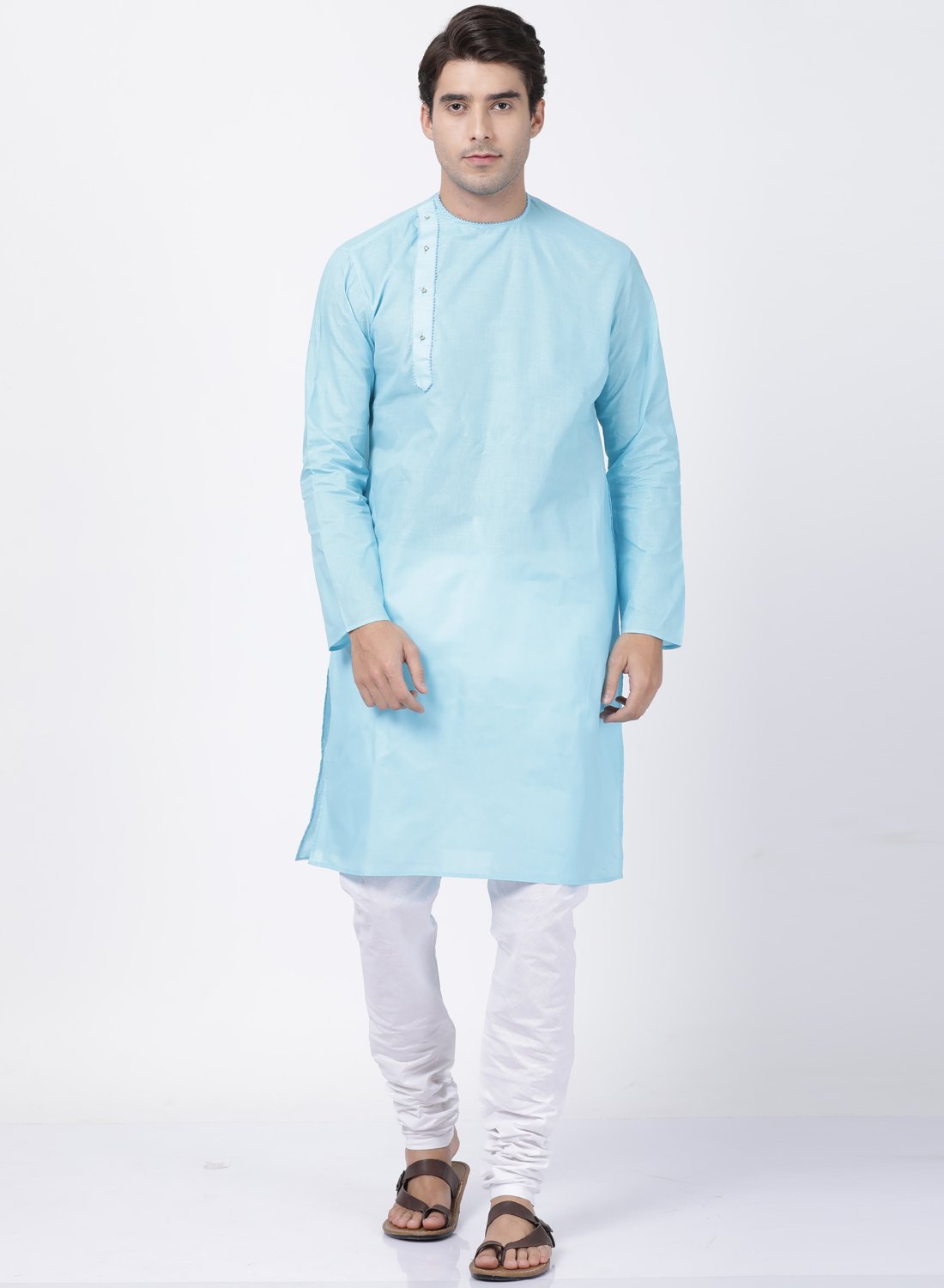 Men's Light Blue Cotton Blend Kurta and Pyjama Set