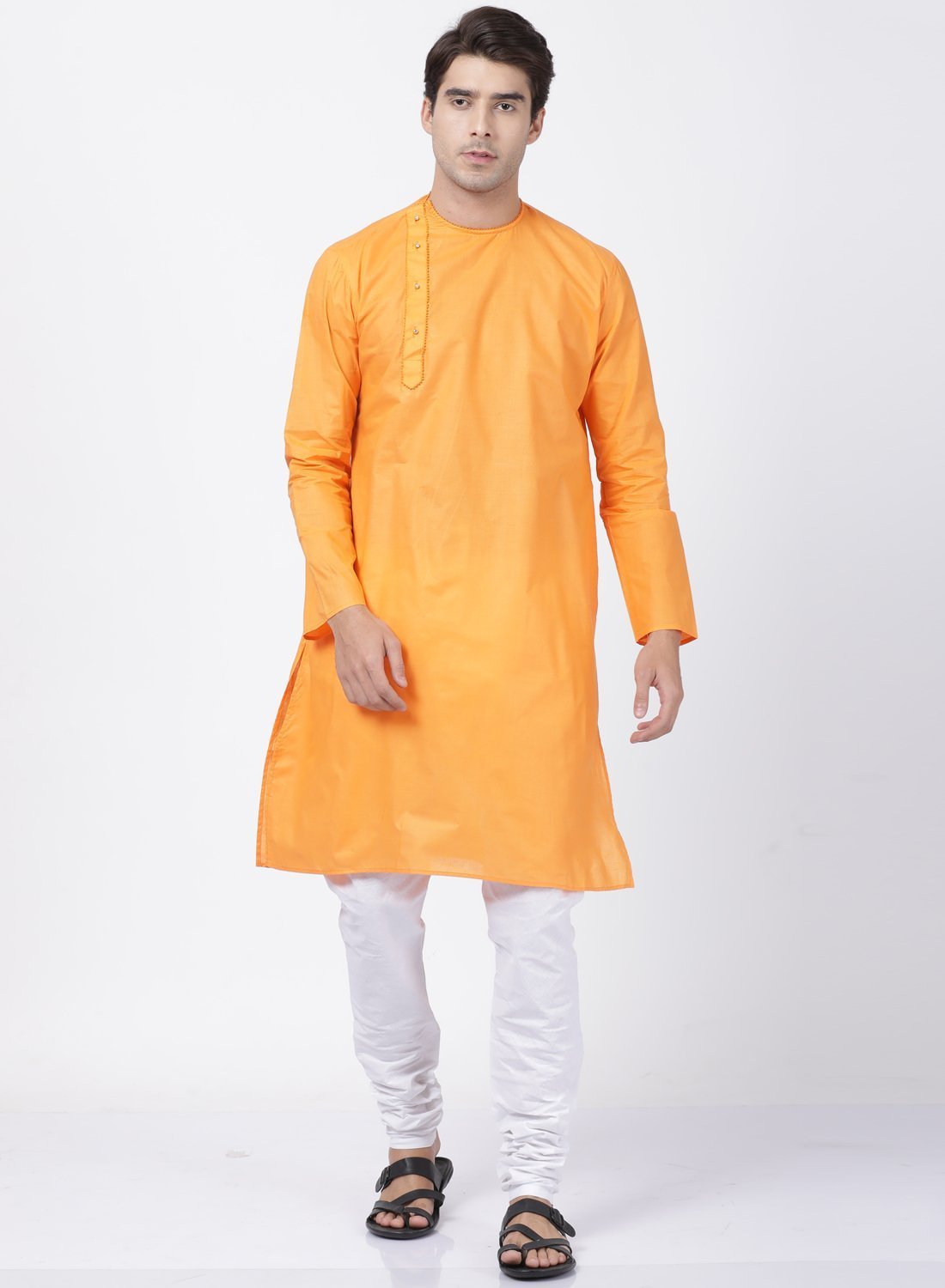 Men's Orange Cotton Blend Kurta and Pyjama Set