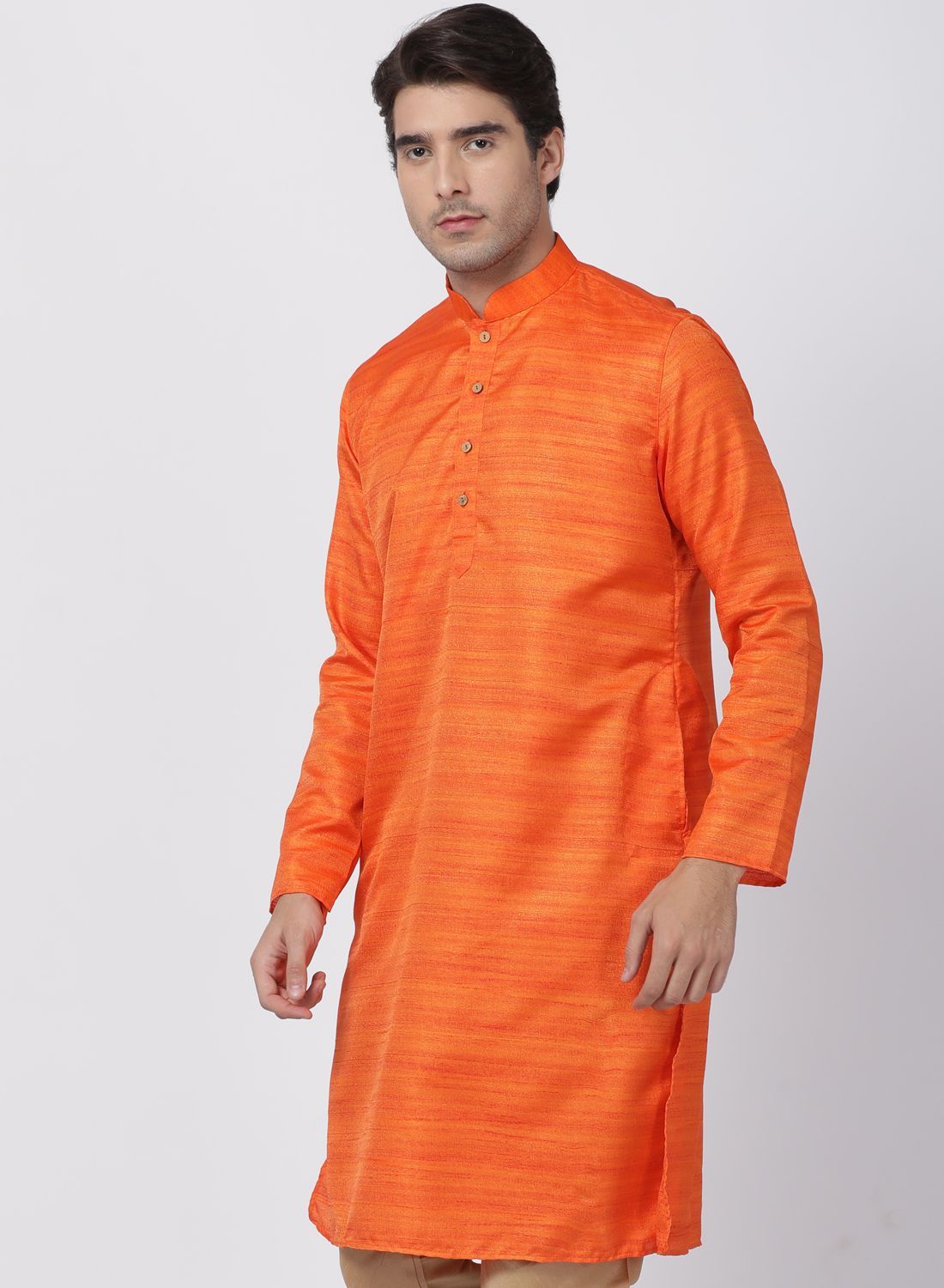 Men's Orange Cotton Silk Blend Kurta - Vastramay