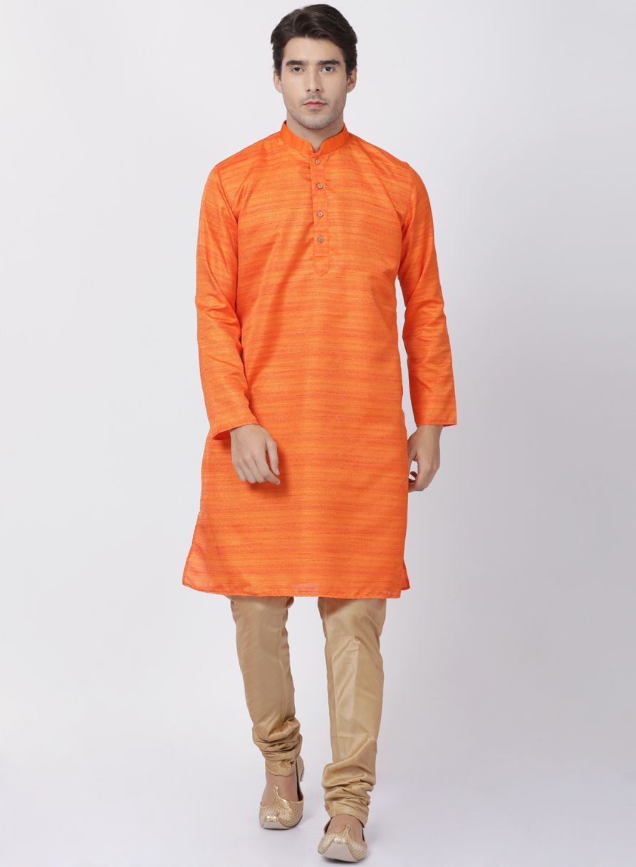 Men's Orange Cotton Silk Blend Kurta and Pyjama Set