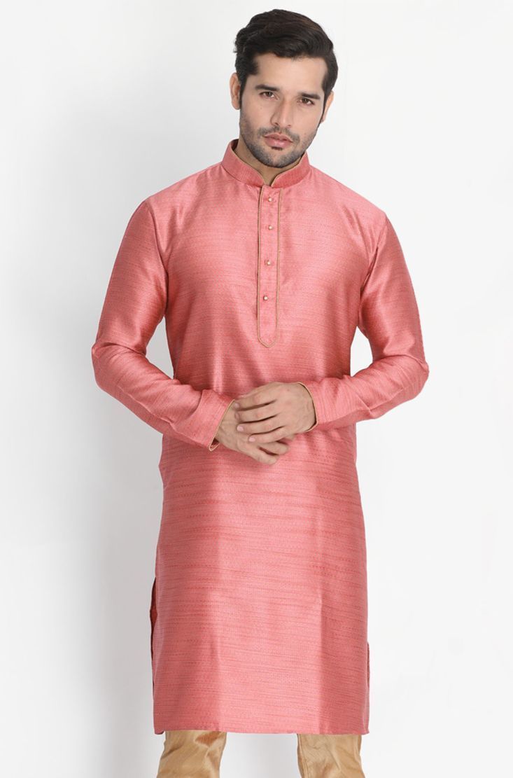 Men's Pink Cotton Silk Blend Kurta
