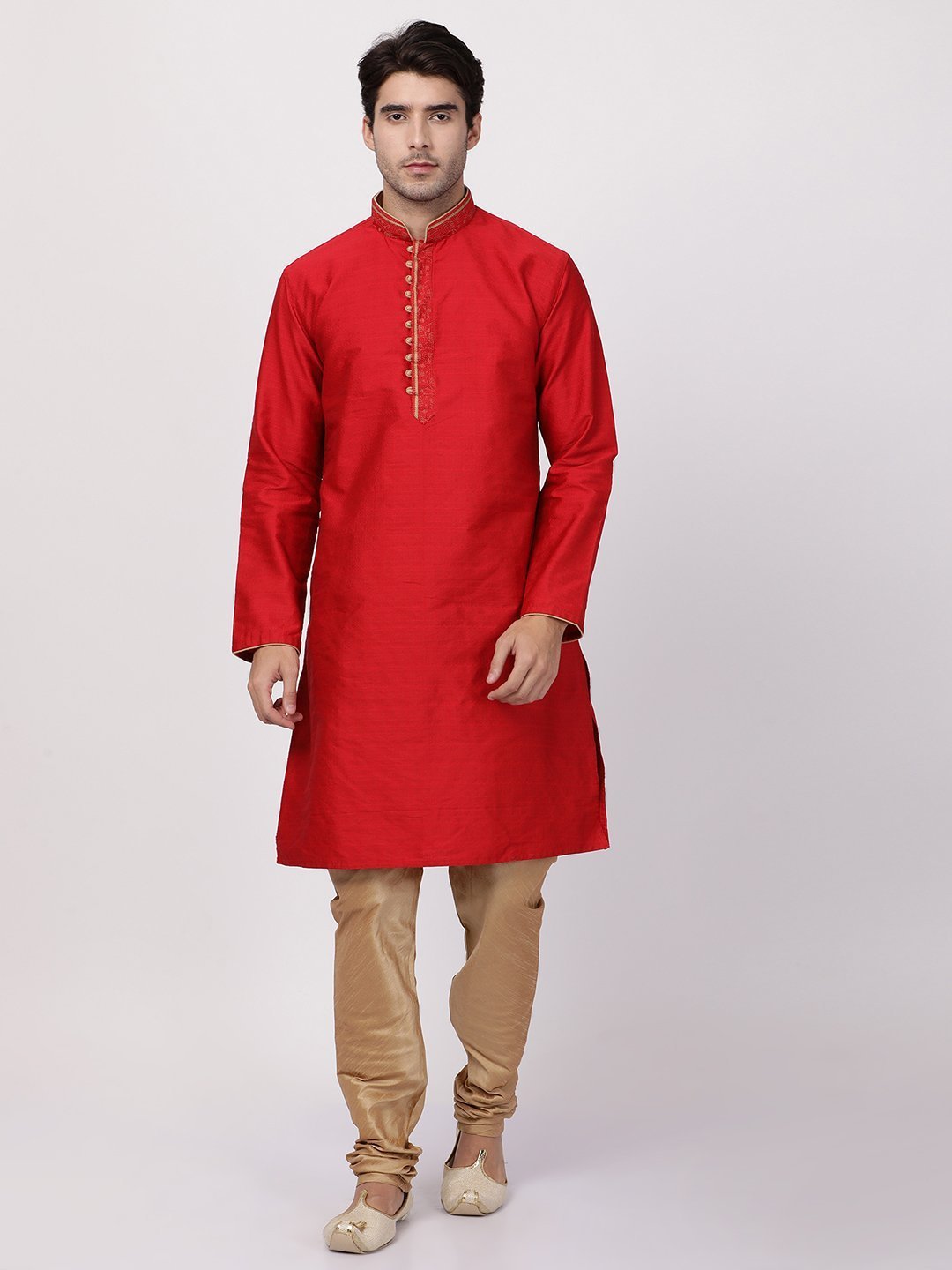Men's Red Cotton Silk Blend Kurta and Pyjama Set