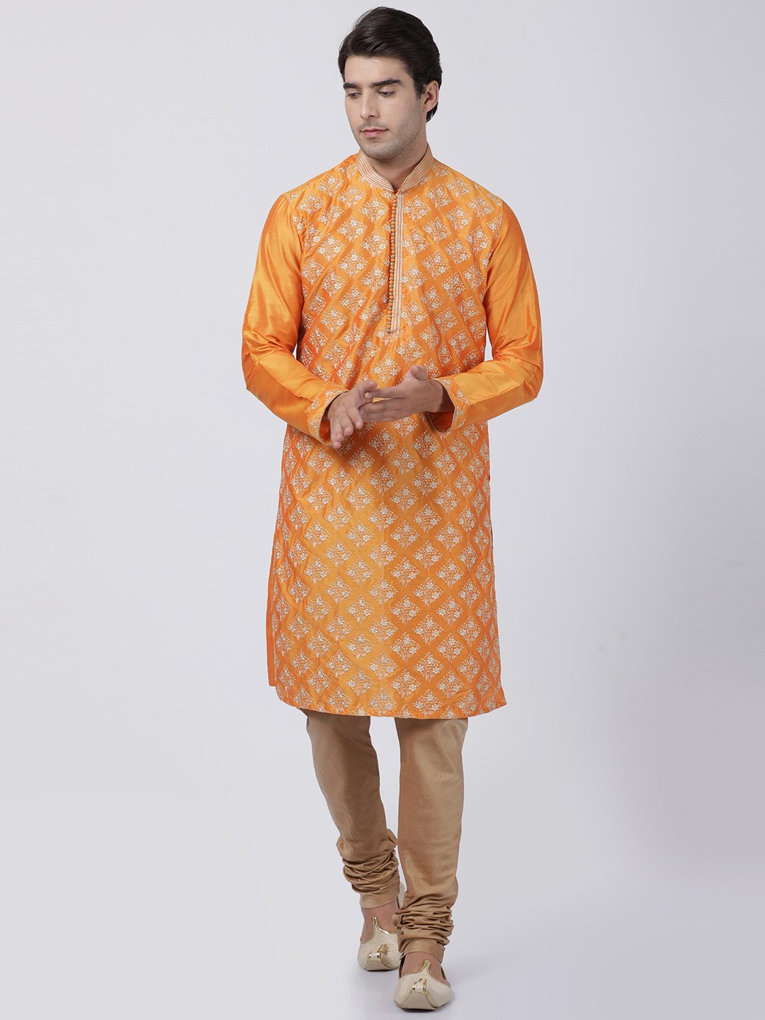 Men's Orange Cotton Silk Blend Kurta - Vastramay