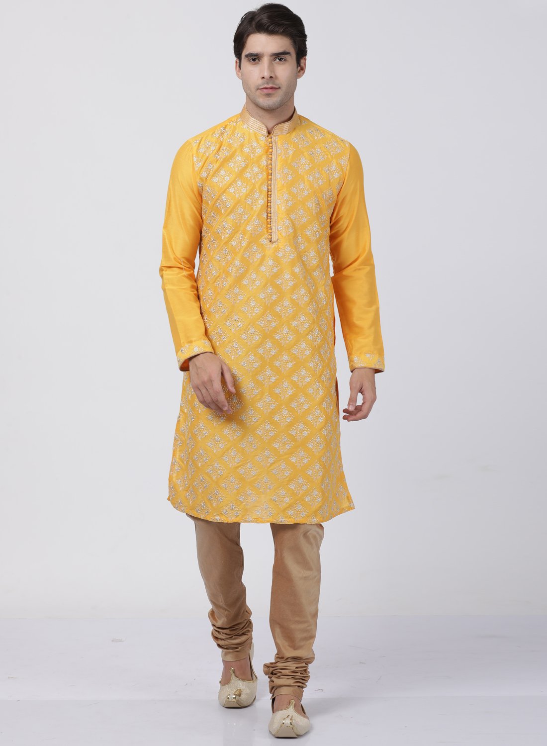 Men's Yellow Cotton Silk Blend Kurta - Vastramay