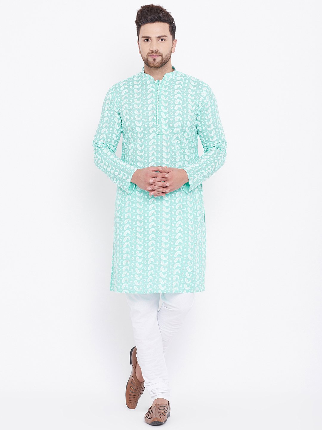 Men's Green and White Chikankari Kurta Pyjama Set - Vastramay