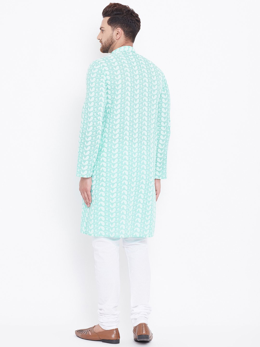 Men's Green and White Chikankari Kurta Pyjama Set - Vastramay