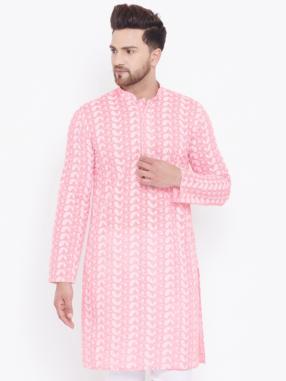 Men's Pink Pure Cotton Chikankari Kurta - Vastramay