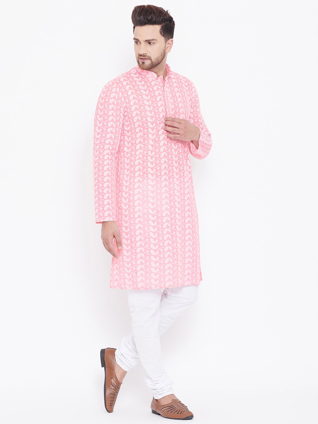 Men's Pink and White Chikankari Kurta Pyjama Set - Vastramay