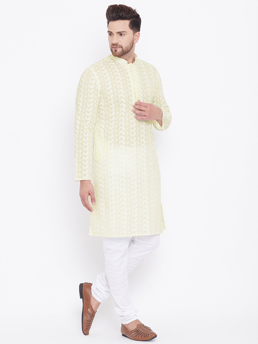 Men's Yellow and White Chikankari Kurta Pyjama Set - Vastramay