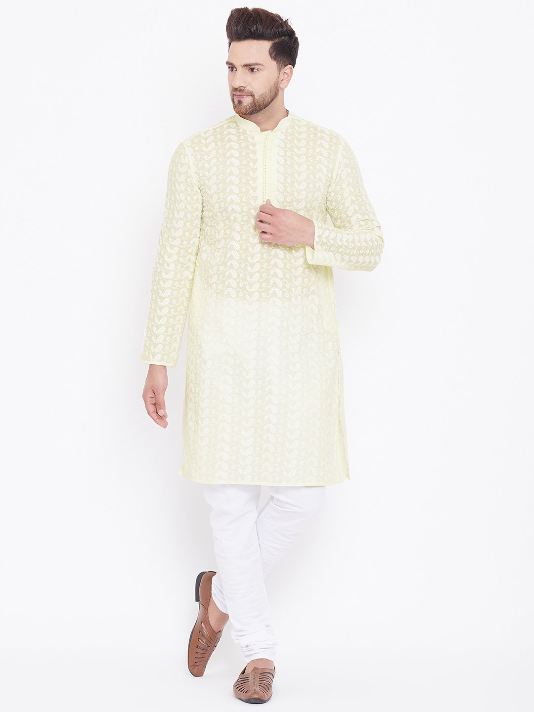 Men's Yellow and White Chikankari Kurta Pyjama Set - Vastramay
