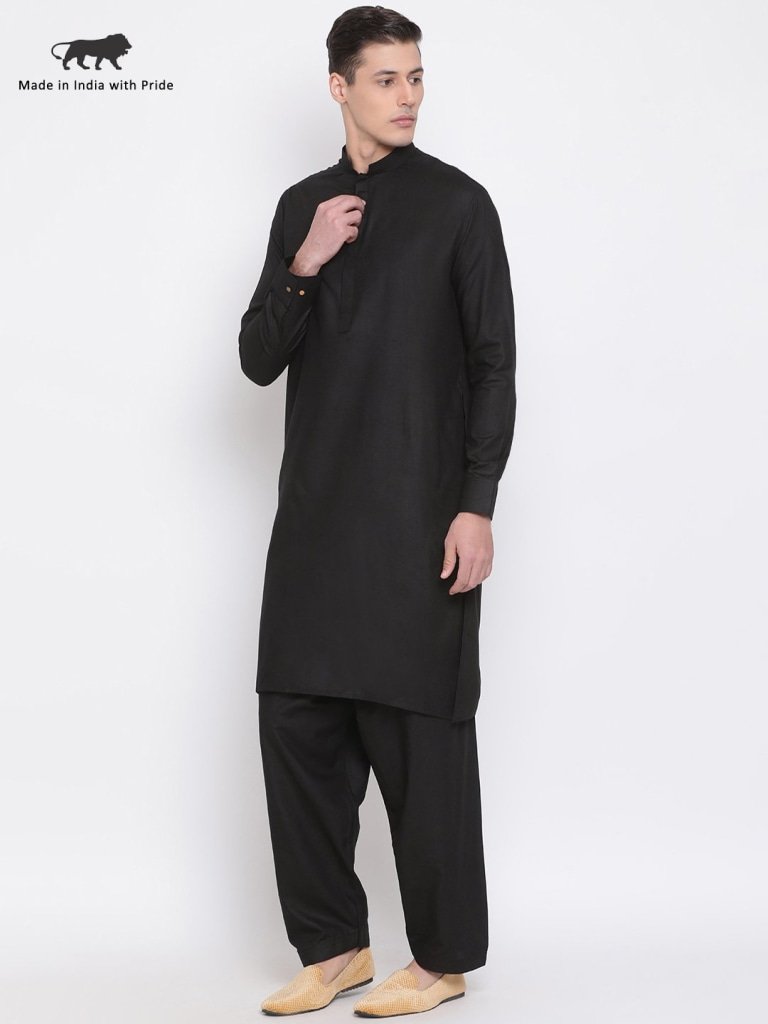 Men's Black Cotton Blend Kurta and Pyjama Set - Vastramay