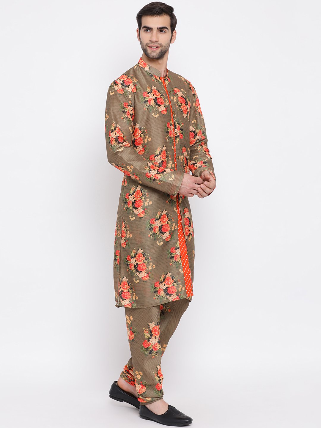 Men's Beige Floral Printed Kurta Pyjama Set With Leharia Border