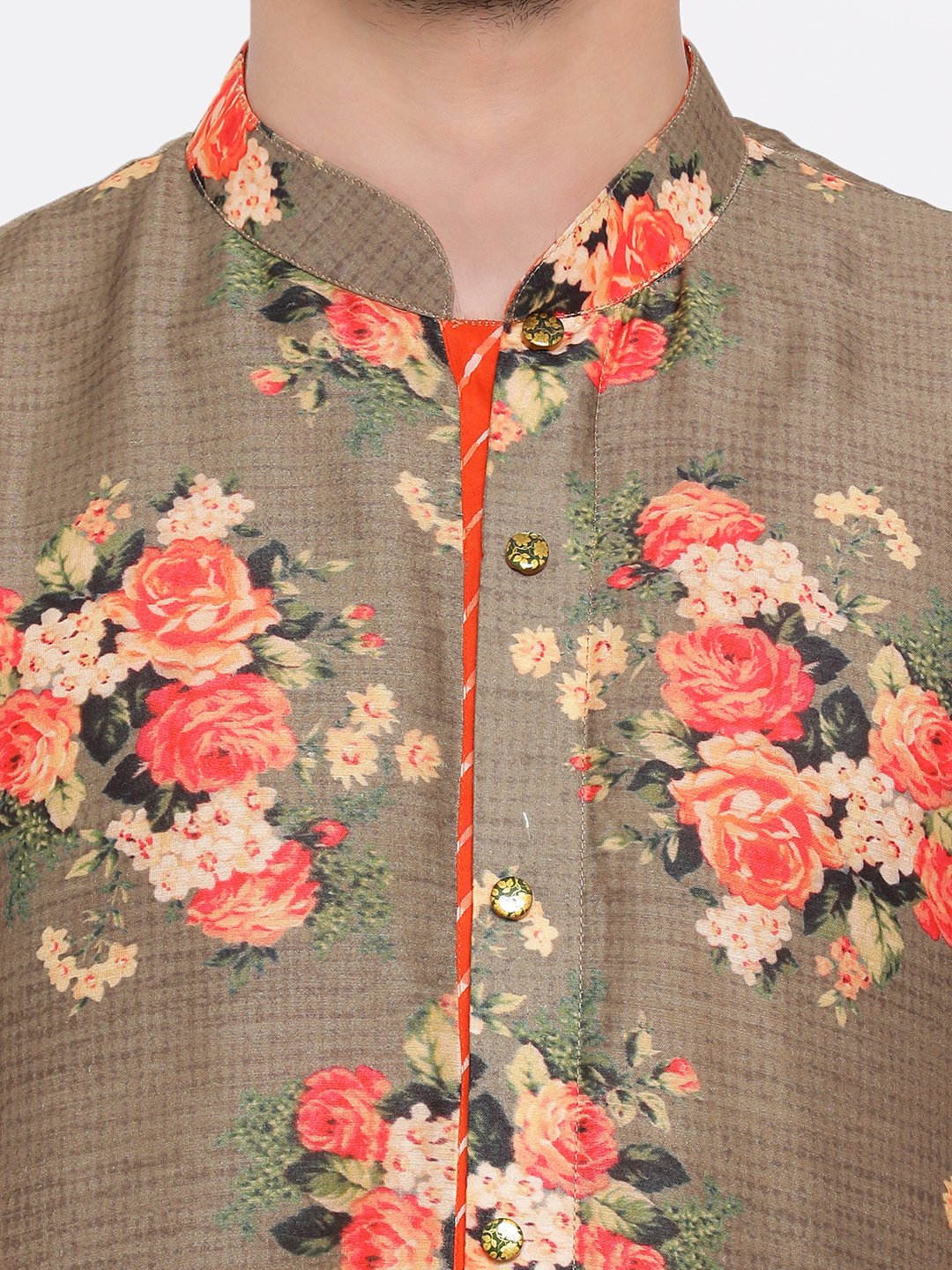 Men's Beige Floral Printed Kurta Pyjama Set With Leharia Border
