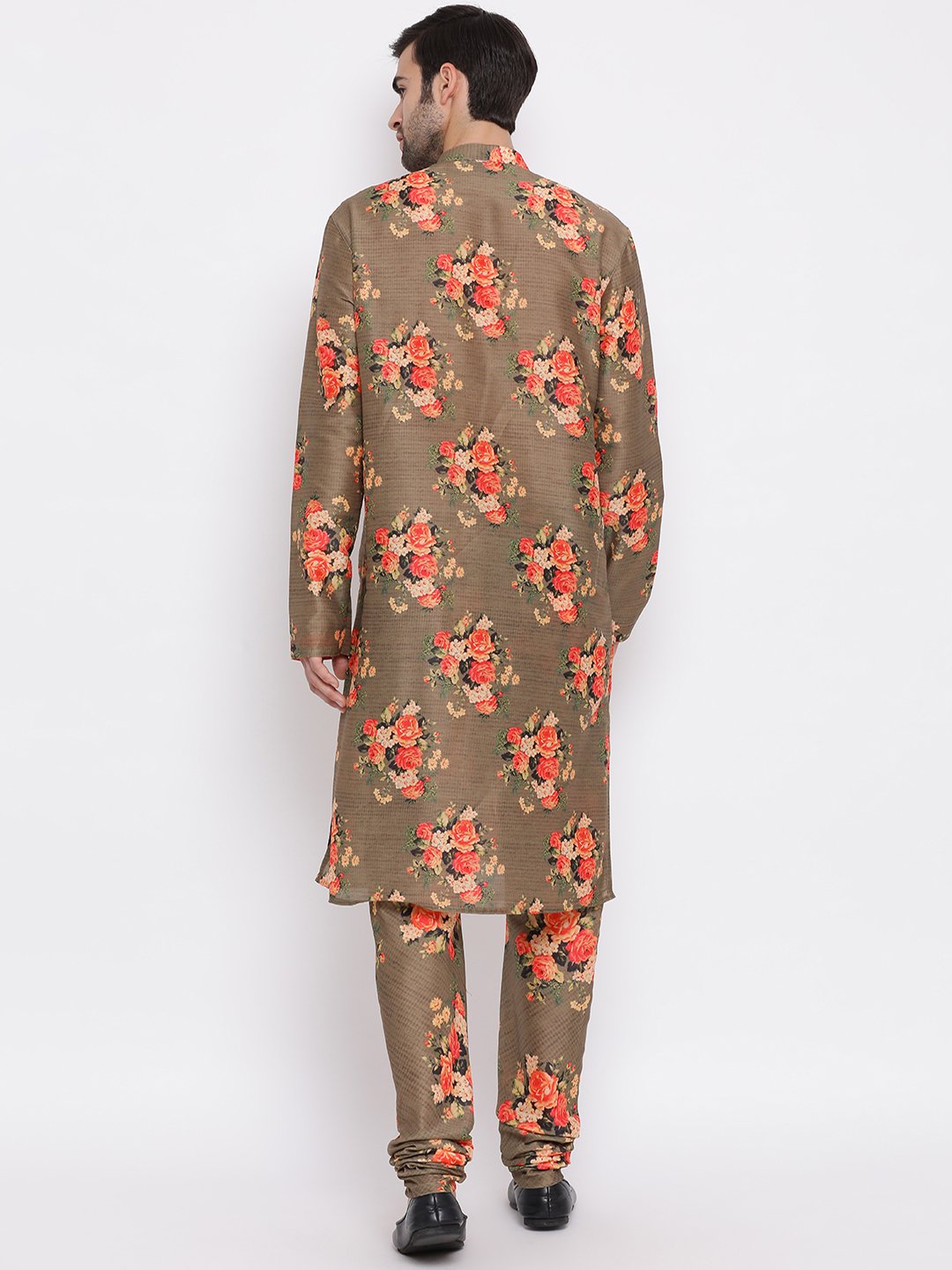 Men's Beige Floral Printed Kurta Pyjama Set With Leharia Border