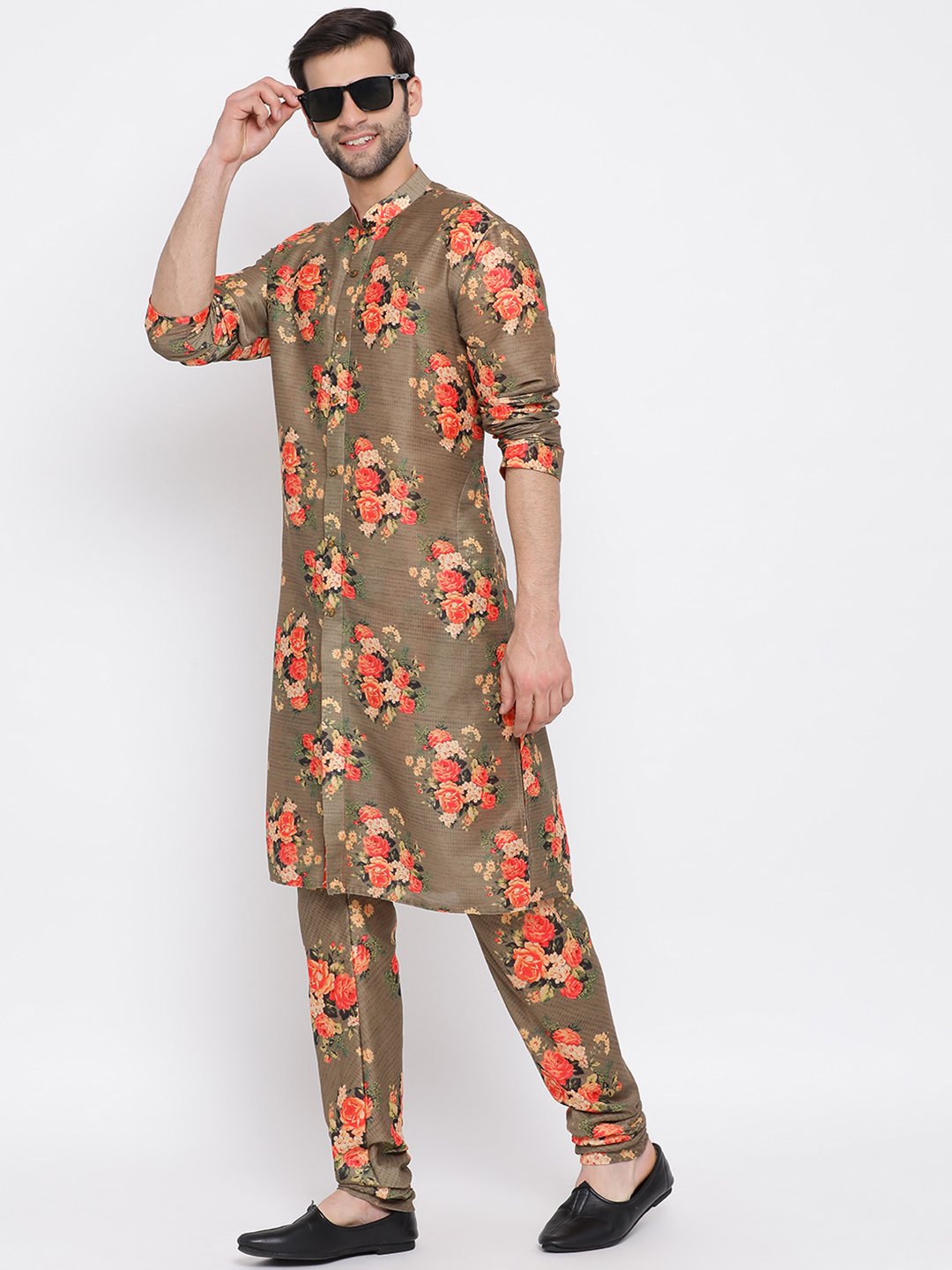 Men's Beige Floral Printed Kurta Pyjama Set With Leharia Border