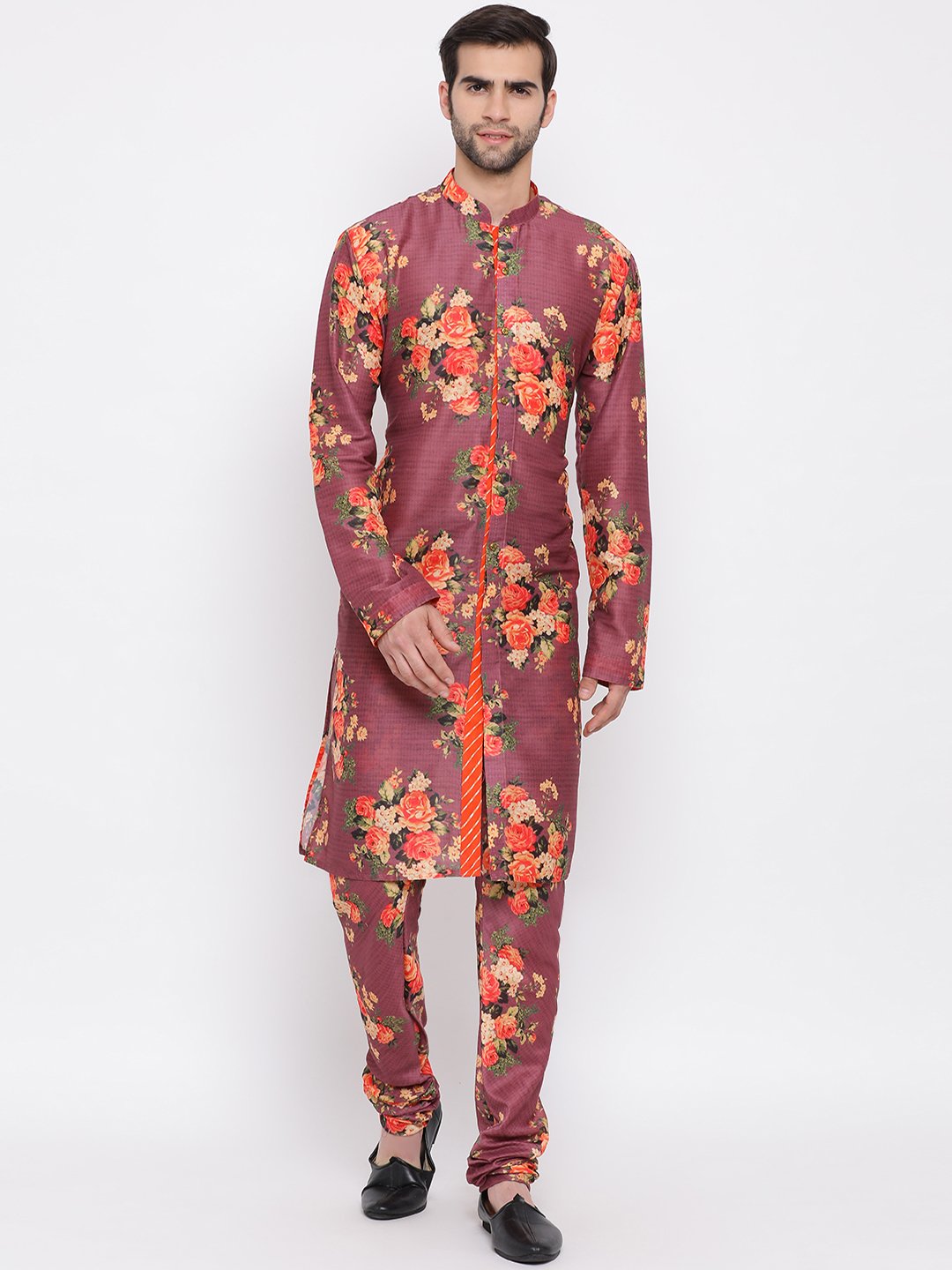 Men's Wine Floral Printed Kurta Pyjama Set With Leharia Border