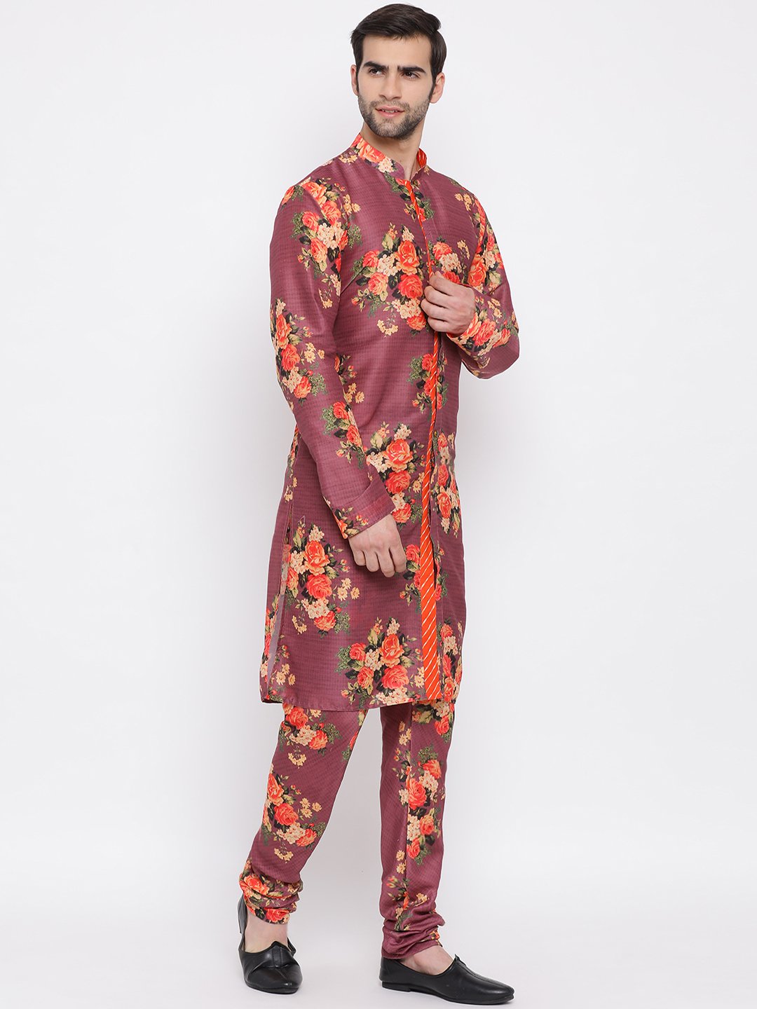 Men's Wine Floral Printed Kurta Pyjama Set With Leharia Border