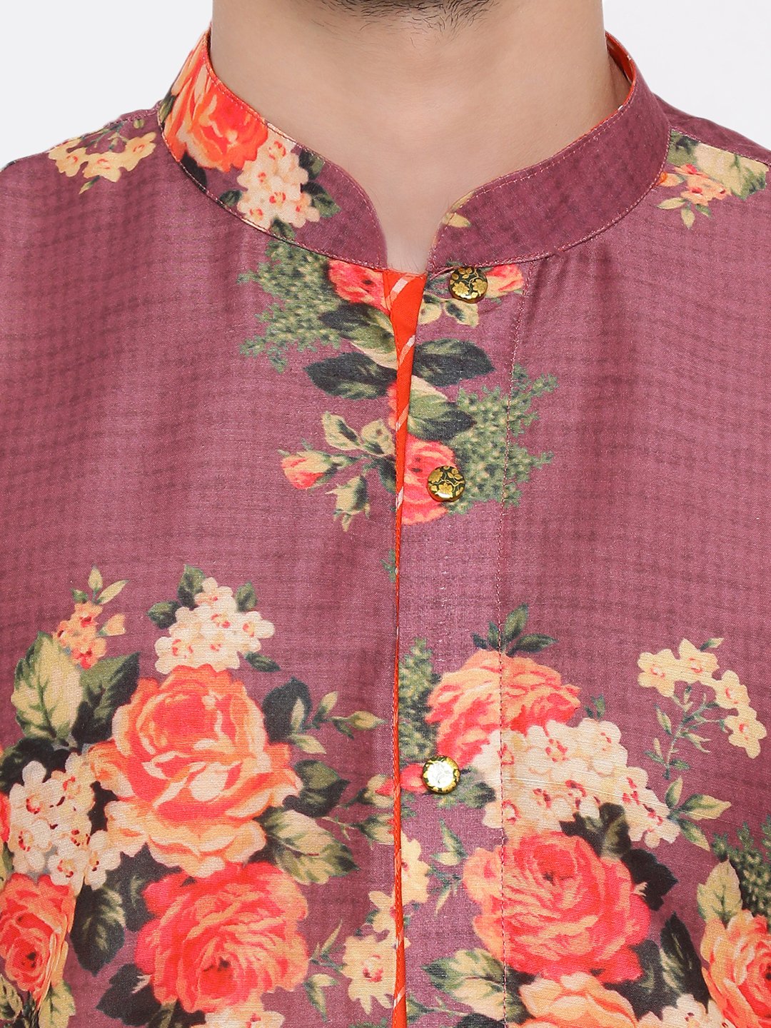 Men's Wine Floral Printed Kurta Pyjama Set With Leharia Border