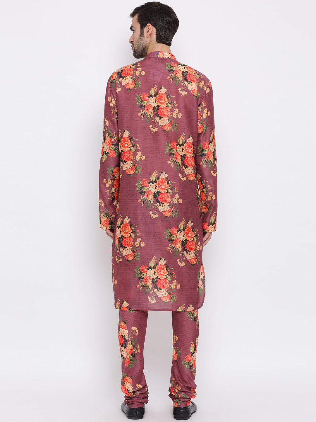 Men's Wine Floral Printed Kurta Pyjama Set With Leharia Border
