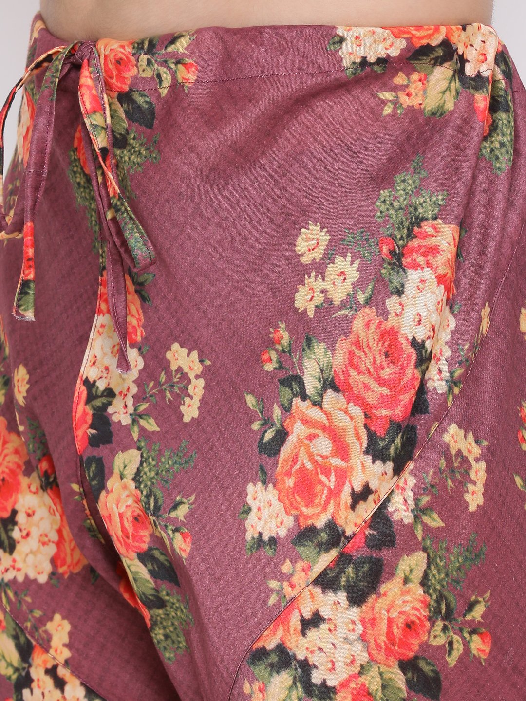 Men's Wine Floral Printed Kurta Pyjama Set With Leharia Border